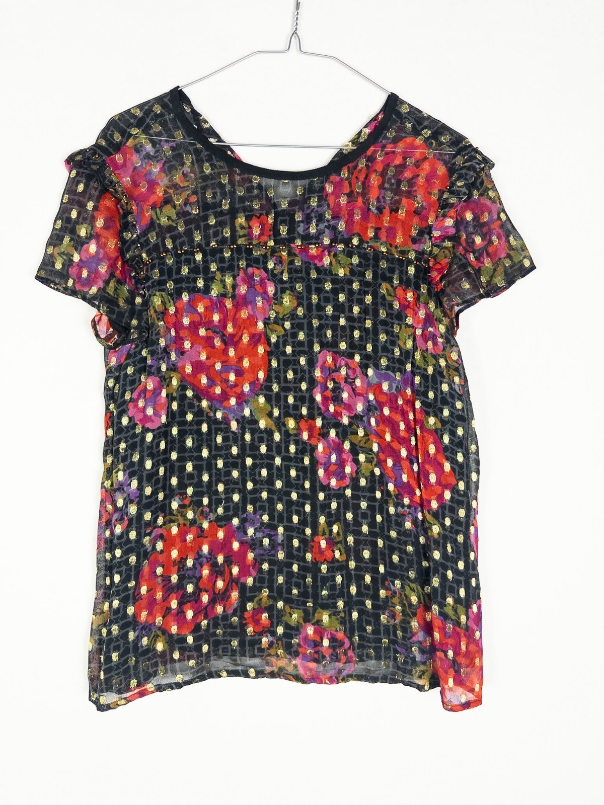 Anthropologie Fiorella Blouse Womens 2 Floral Sheer Metallic Coquette