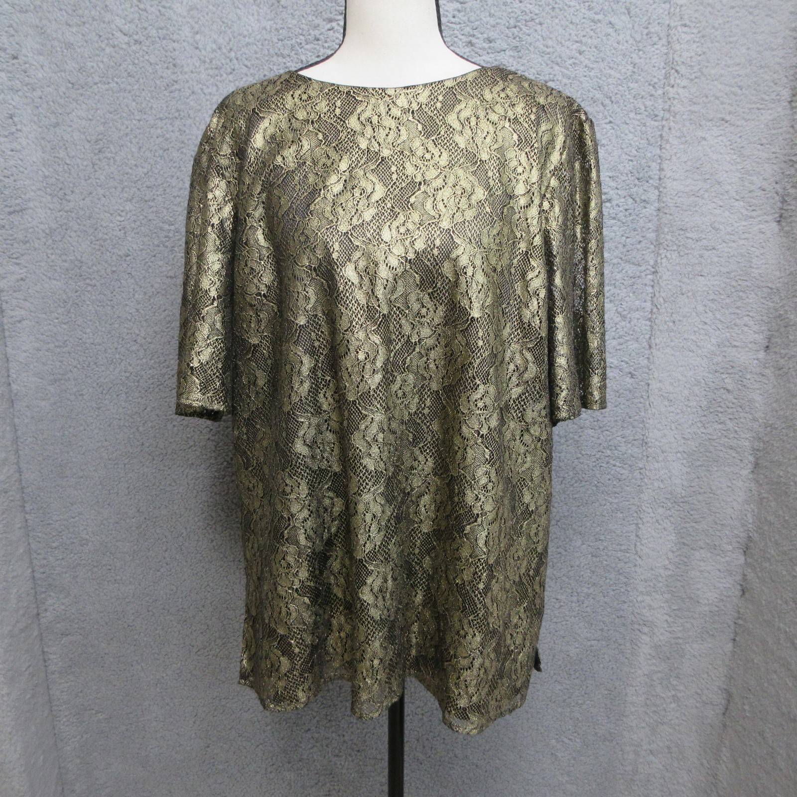 St John Blouse Womens Large Gold Metallic Lace Floral Tunic Top Party Cocktail