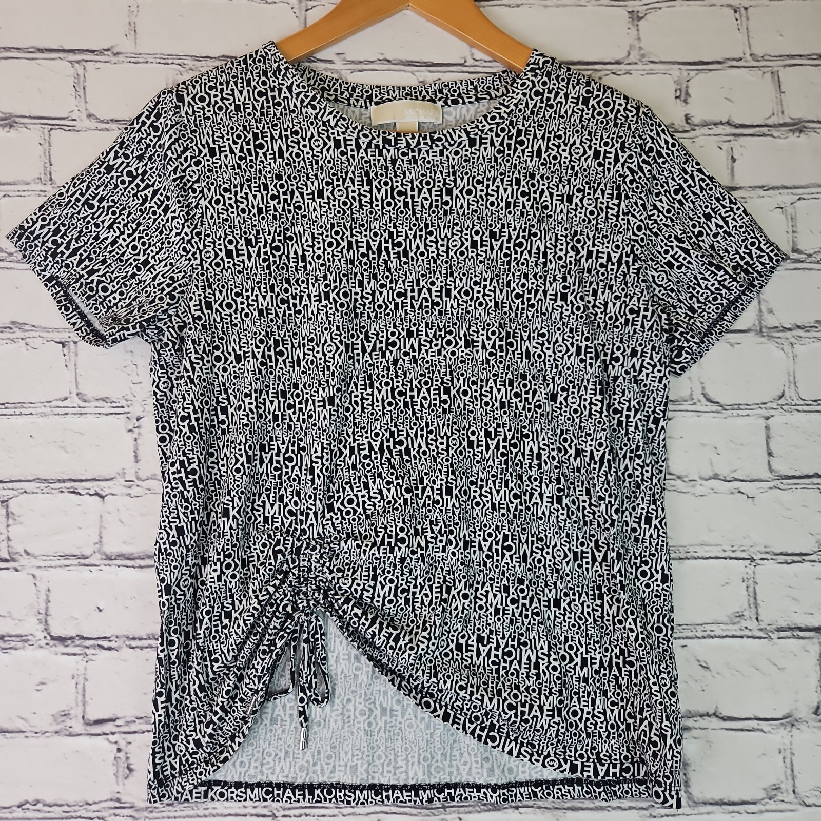 Michael Kors Women Sz L Black White Logo Print Short Sleeve Graphic Casual Top