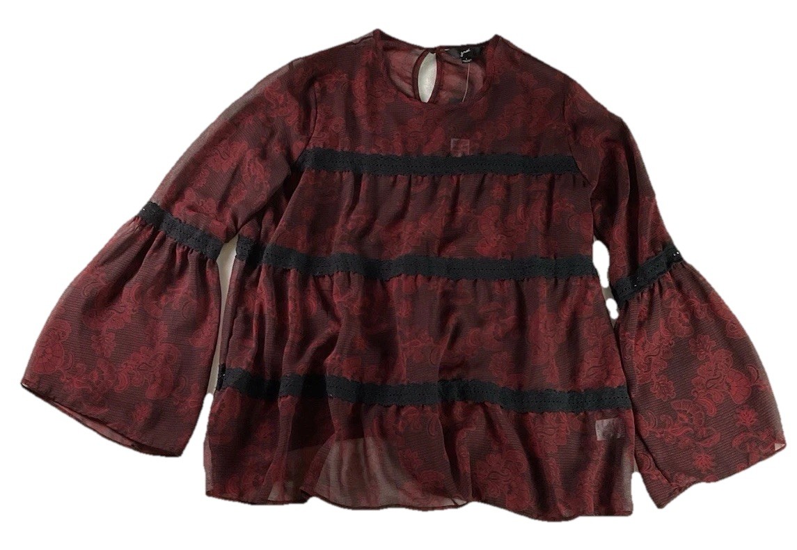 NWT GNW Black Red Floral Sheer Top SZ Large Flare Sleeve Dark Romantic Witchy
