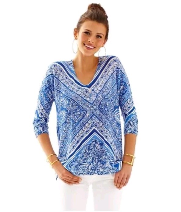 Lilly Pulitzer Jameson 100% Linen Tunic Top Size XS/S Blue Crush Floral Roomy