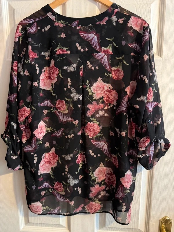 Wallis Black Floral Butterfly Sheer Blouse Top UK L Pink Romantic