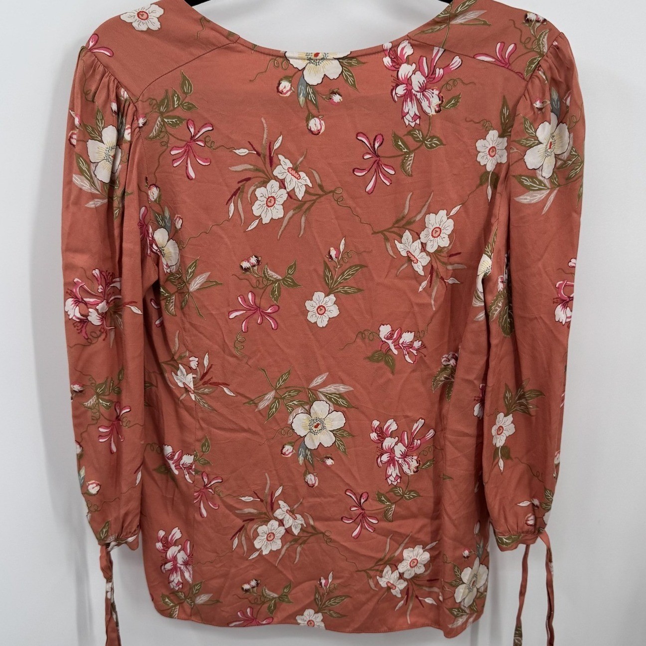 Rebecca Taylor Womens Silk Blend Floral Blouse 8 Orange Tie Cuff Cottagecore
