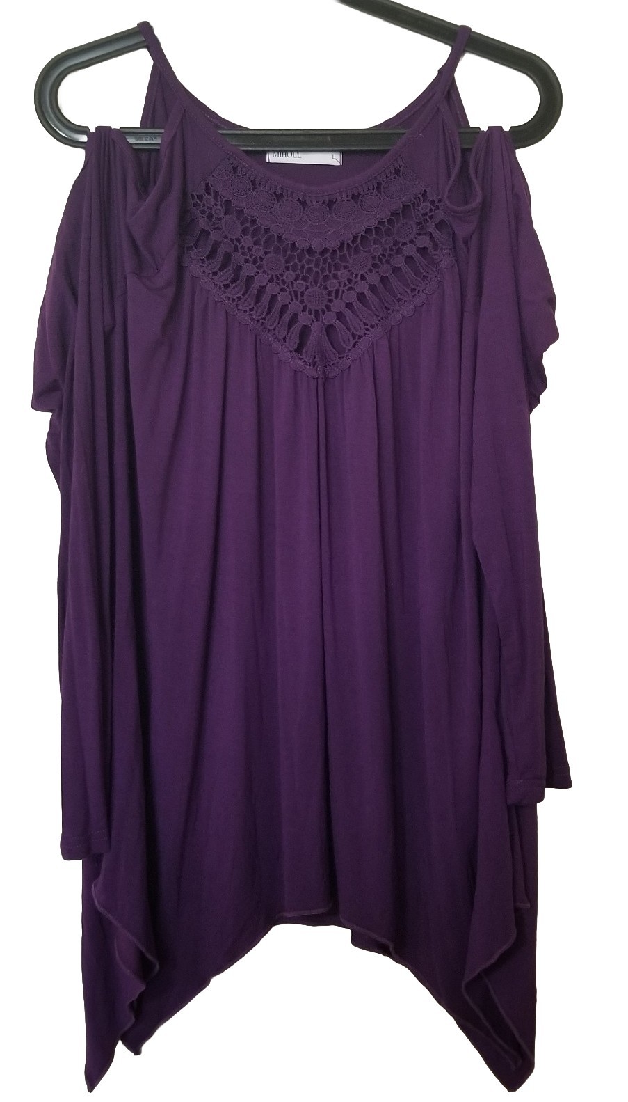 Miholl Womens Blouse Purple Long Sleeve Cold Shoulder Kerchief Hem Embroidered L