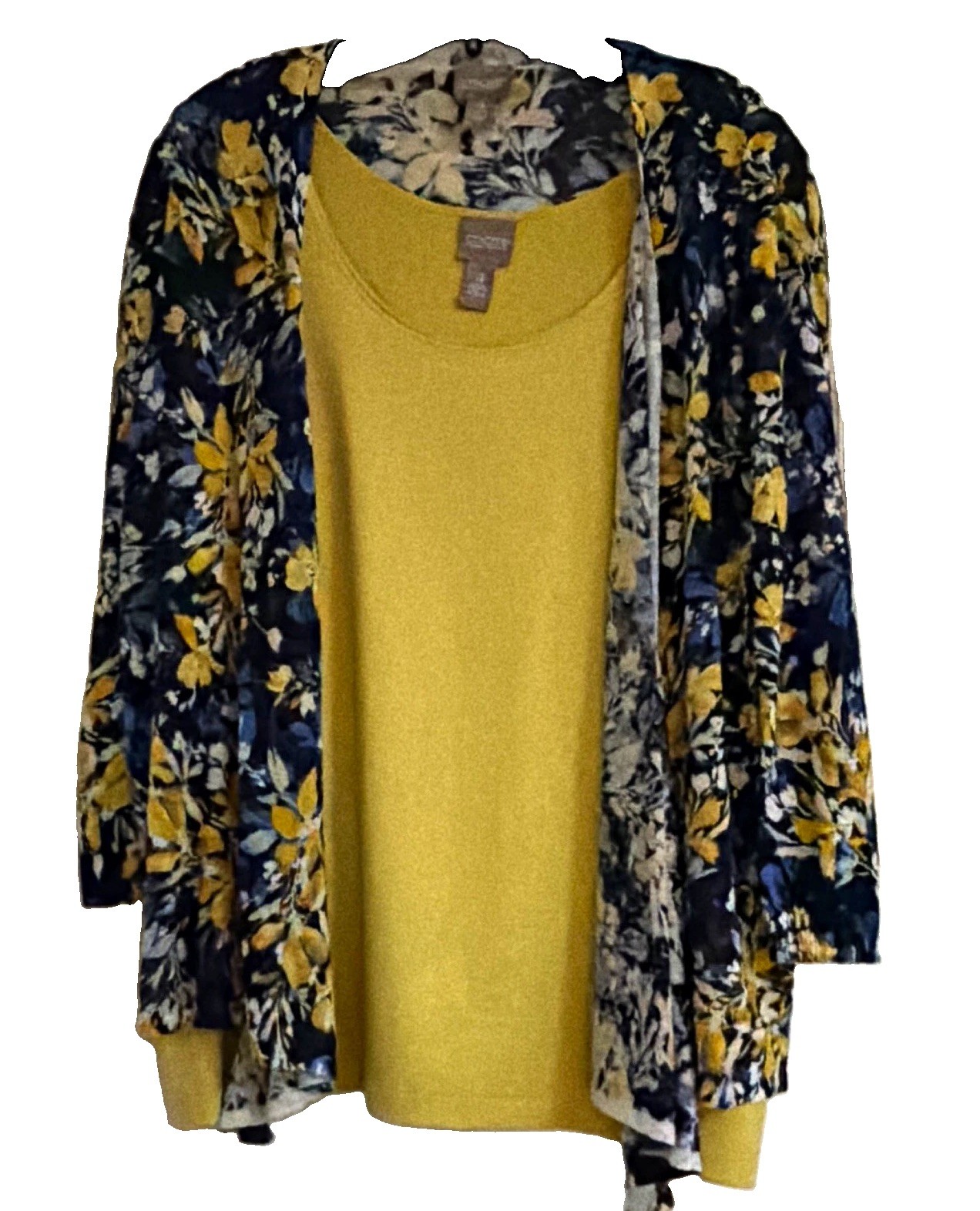 Chico’s 4 Yellow/Blue/White Floral Knit Tank w/ Open-Front Cardigan Set