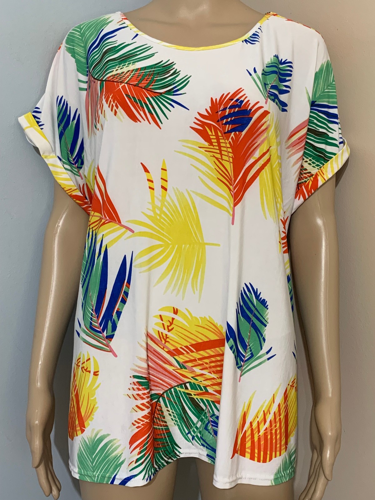 SEVEN ISLANDS 2X White Red Yellow Green Blue Palm Print KNIT TOP Short Sleeve