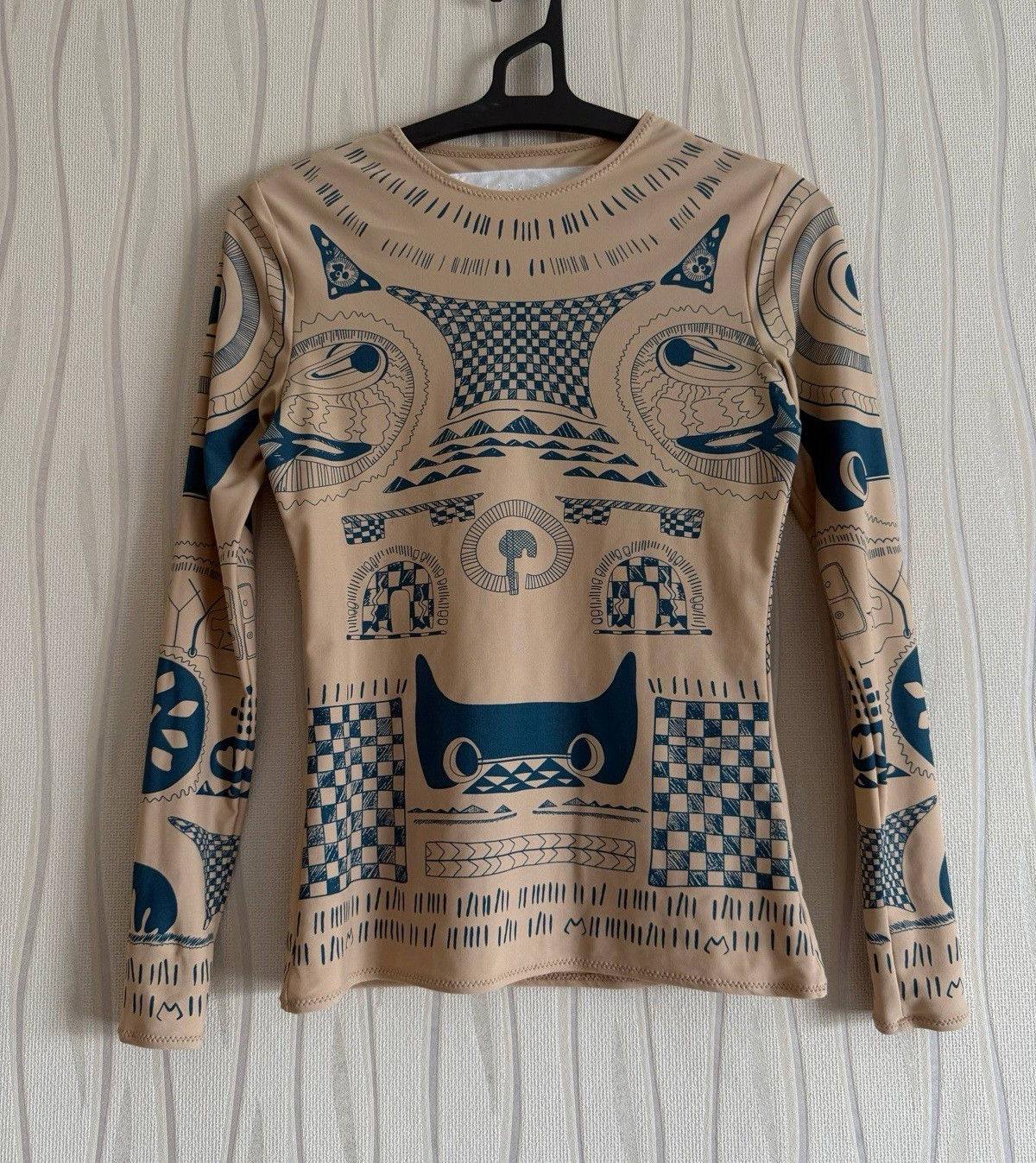 Rare H&M Maison Martin Margiela Graphic Print Mesh Top Beige/Blue Long Sleeve 36
