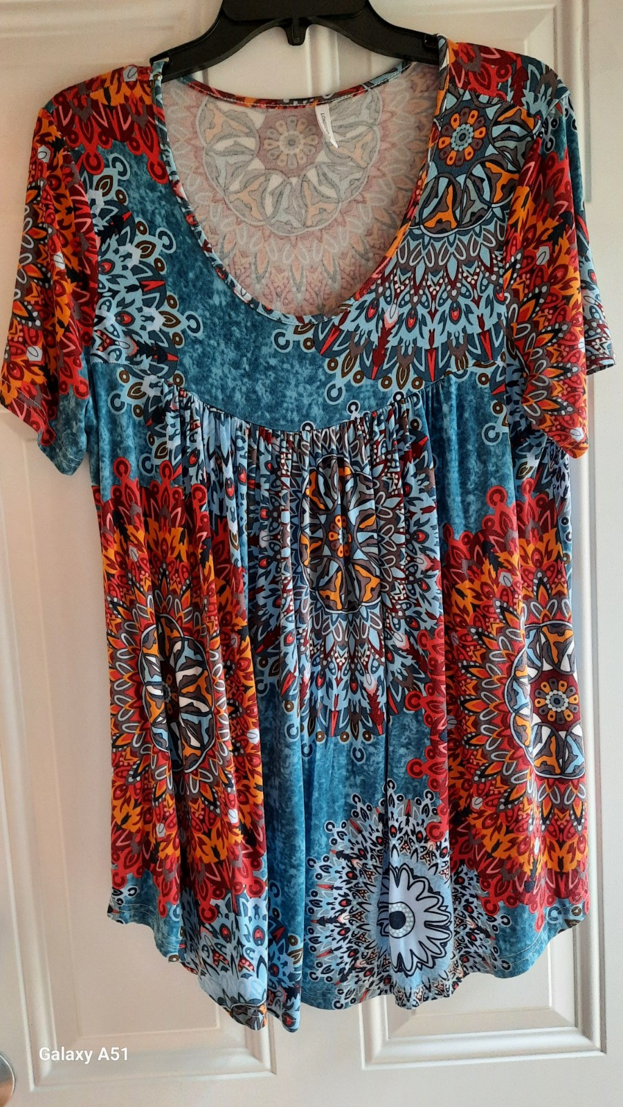 LONGYUAN Stretch Knit Blouse – XL – Scoop Neck, Short Slvs, Front Yoke w/Gathers