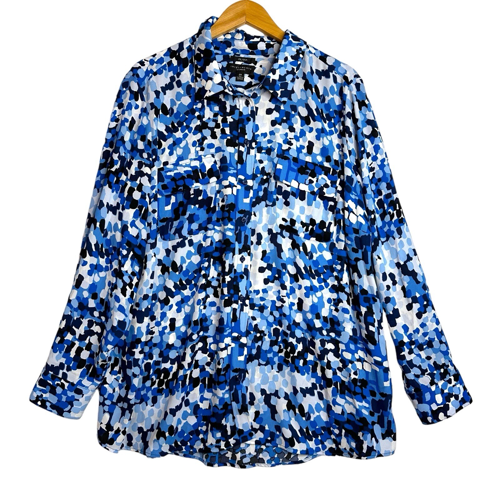 INVESTMENTS OLIVIA Blue Confetti Dot Roll Tab SLV Easy Care Tunic Blouse Plus 2X