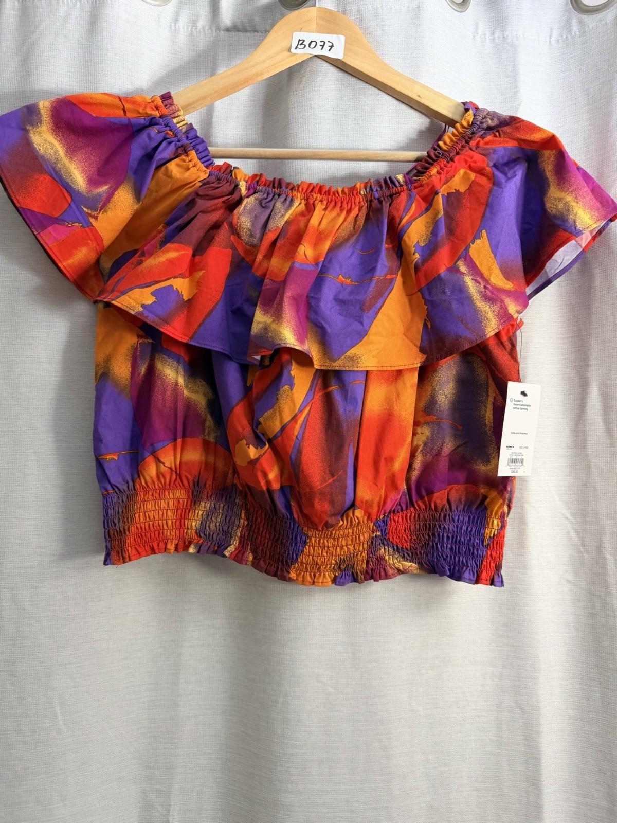 Nine West Purple Orange Red Abstract Off Shoulder Ruffle Smocked Crop Top L