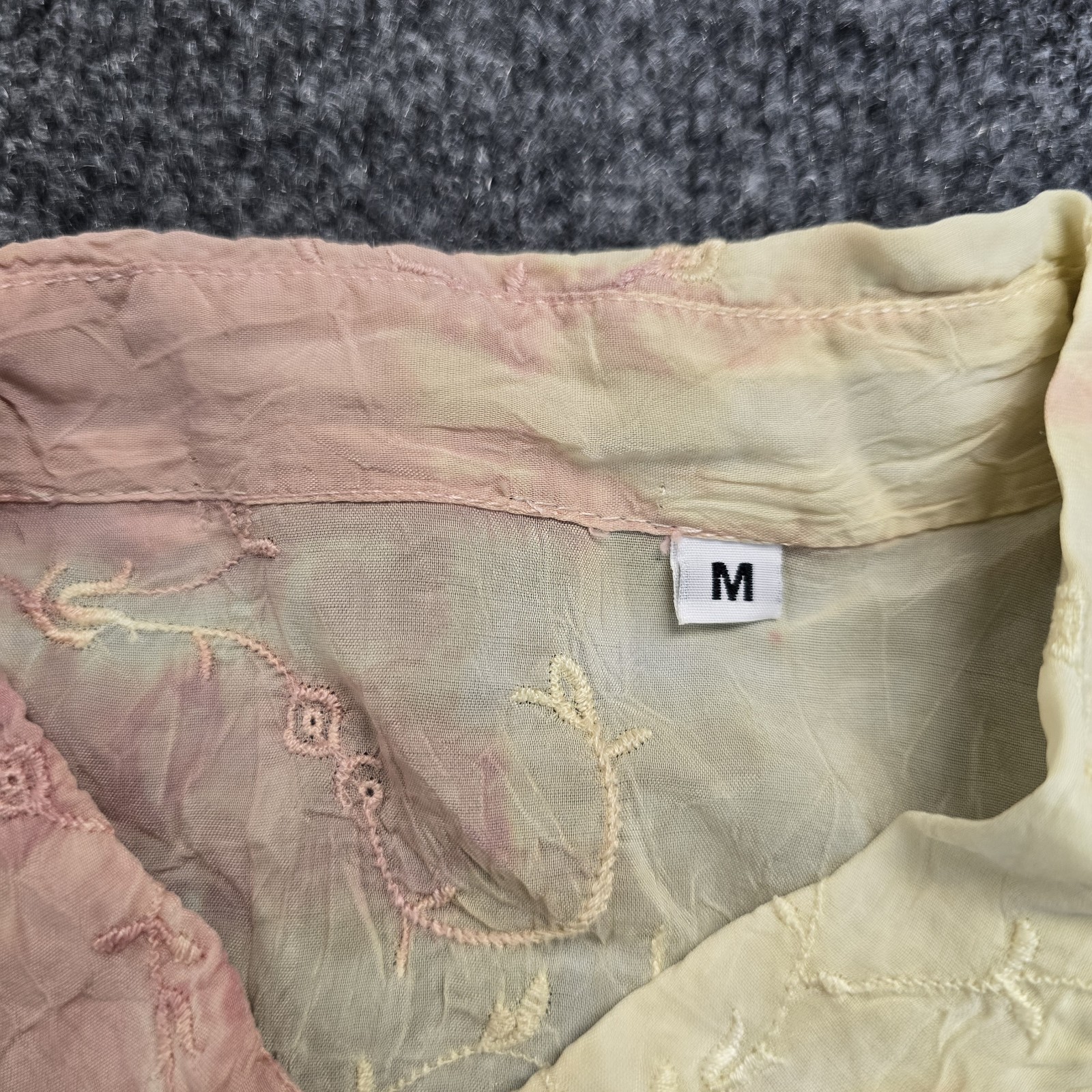 Vintage 90s Tie Dye Yellow Pink Floral Embroidered Button Down Size M Boho Fairy