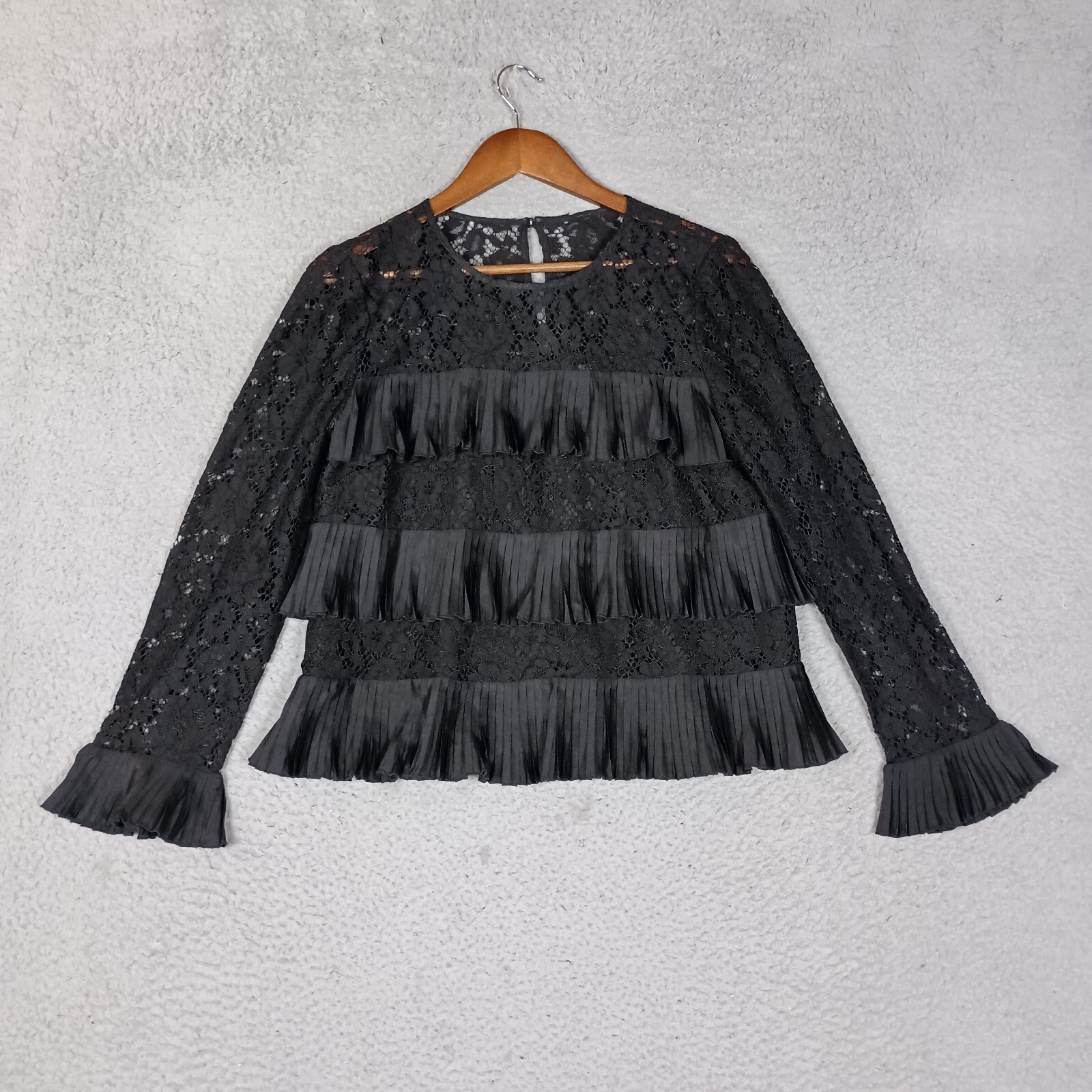 J. Crew Top Women 8 Black Floral Lace Pleated Ruffle Layered Long Sleeve Blouse