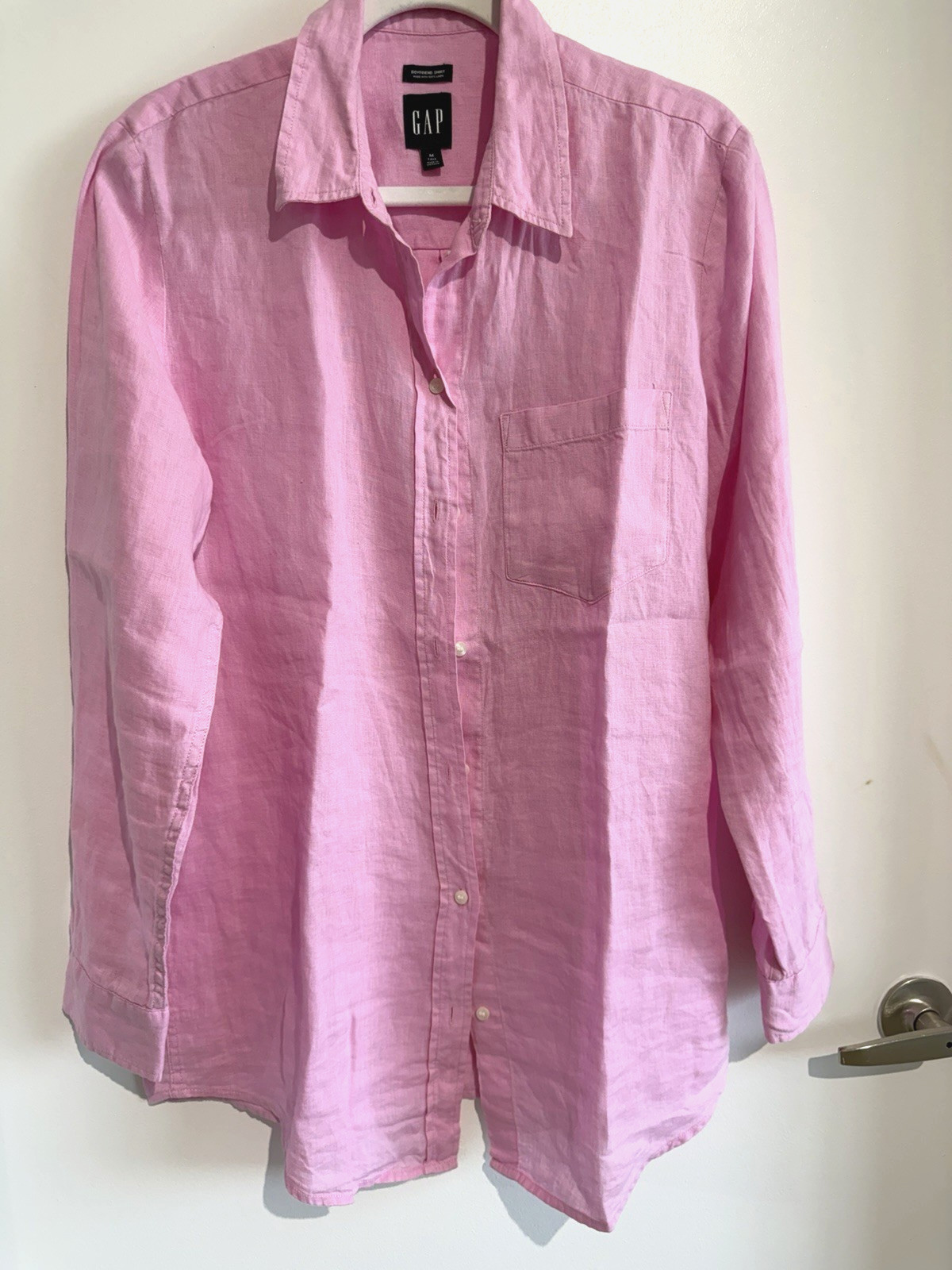 GAP Boyfriend Shirt Women’s Pink 100% Linen Solid Collared Button-Up Sz-M Tall