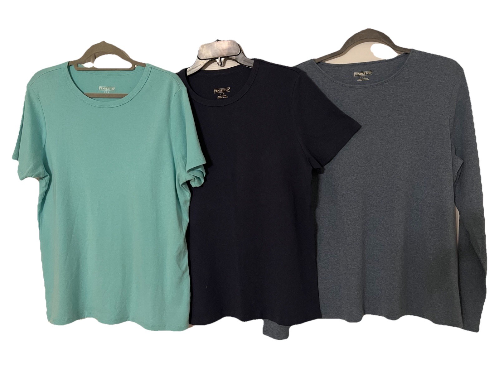 Pendleton Women’s L 1 Turquoise, 1 Dark Blue Short Sleeve & 1 Grey Blue Long Sl