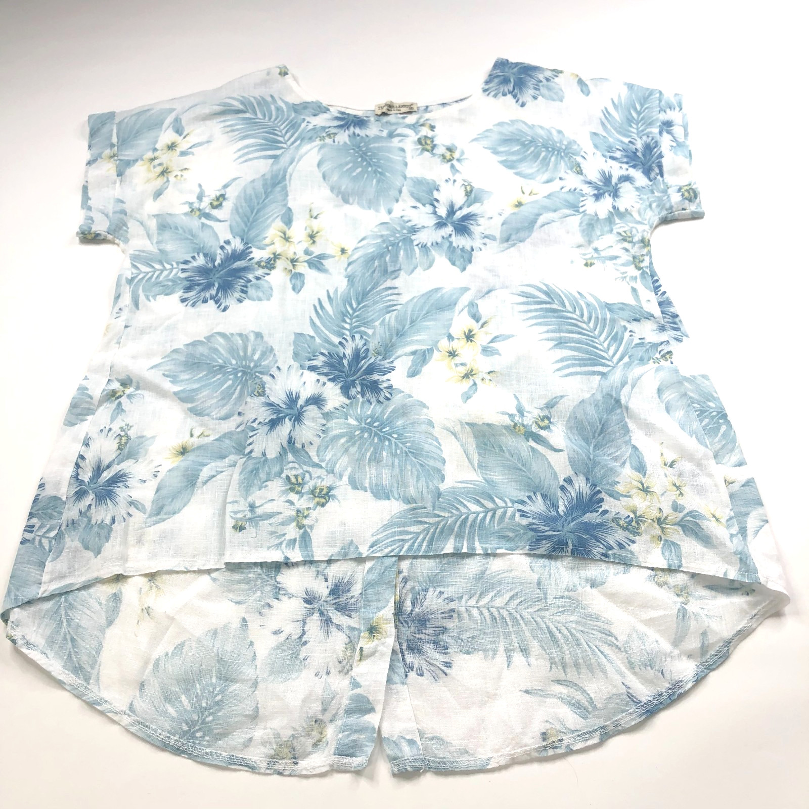 Terzo Millennio 100% Linen Medium Short Sleeve Button Shirt Floral White MINT
