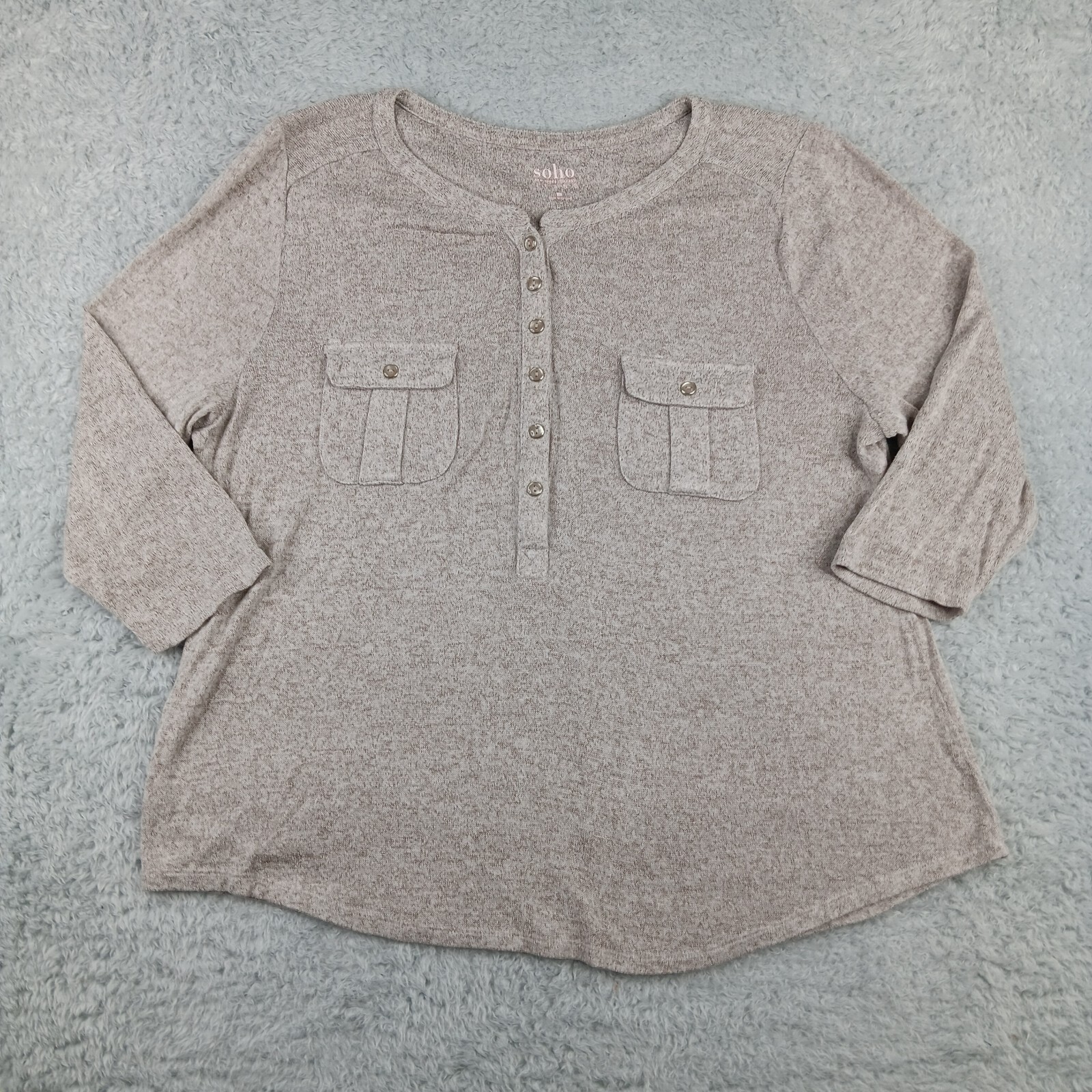 Soho NY&Co Top Womens Large Gray Half Button Soft Pockets Breathable Stretch