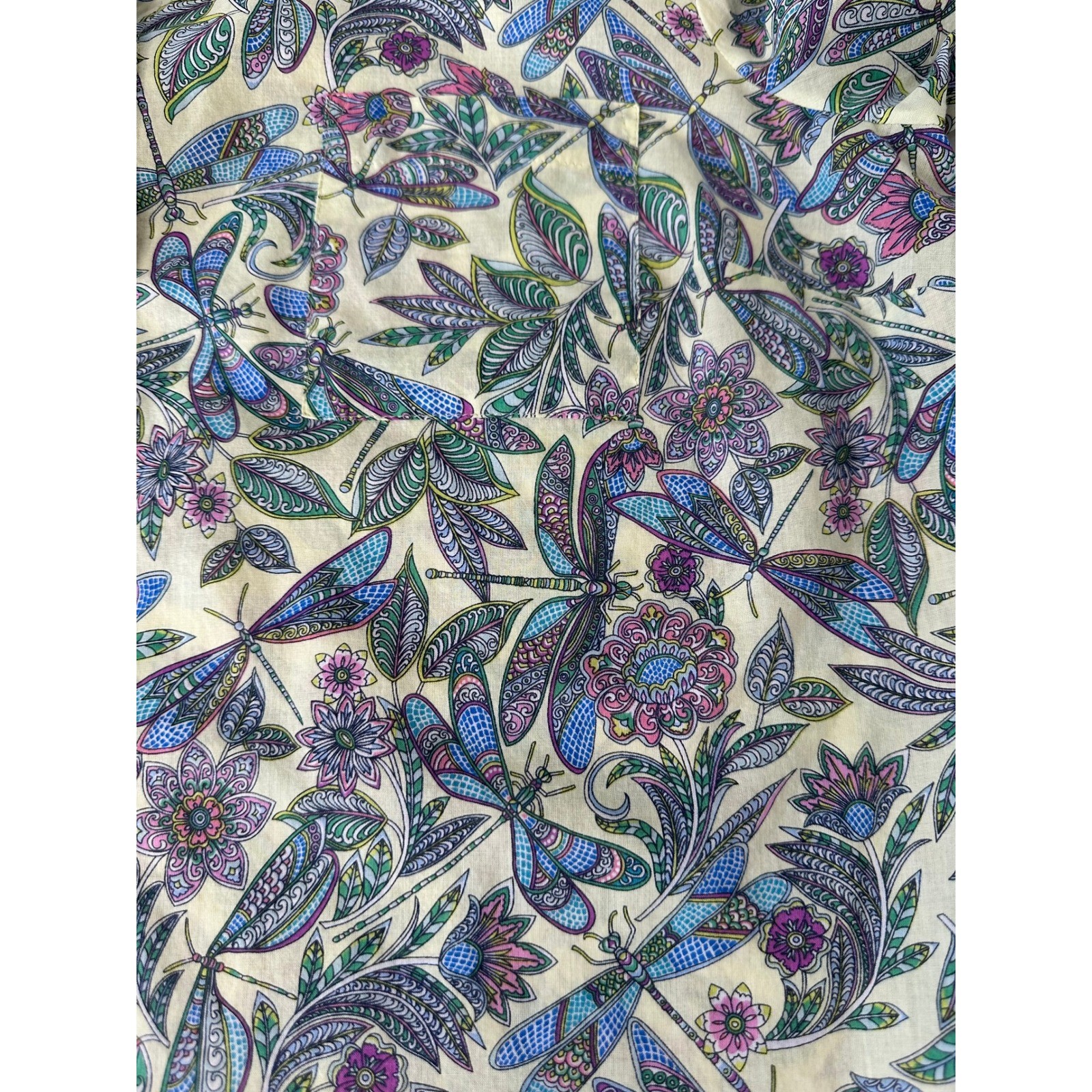 J. Jill Cotton Button Down Shirt Size M Yellow Dragonfly Paisley Floral Artsy