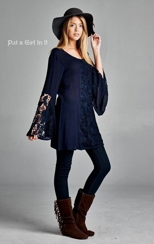 New Womens VELZERA Plus Size NAVY BLUE CROCHETED LACE SHIRT TUNIC S M 1X 2X