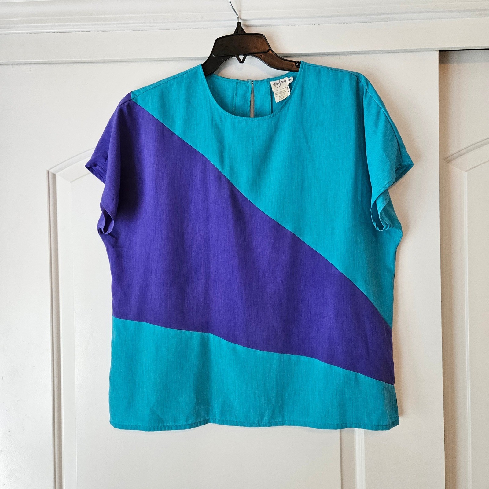 Vintage Tan F Jay Short-sleeve Shirt Turquoise Blue Color-blocked Size 16