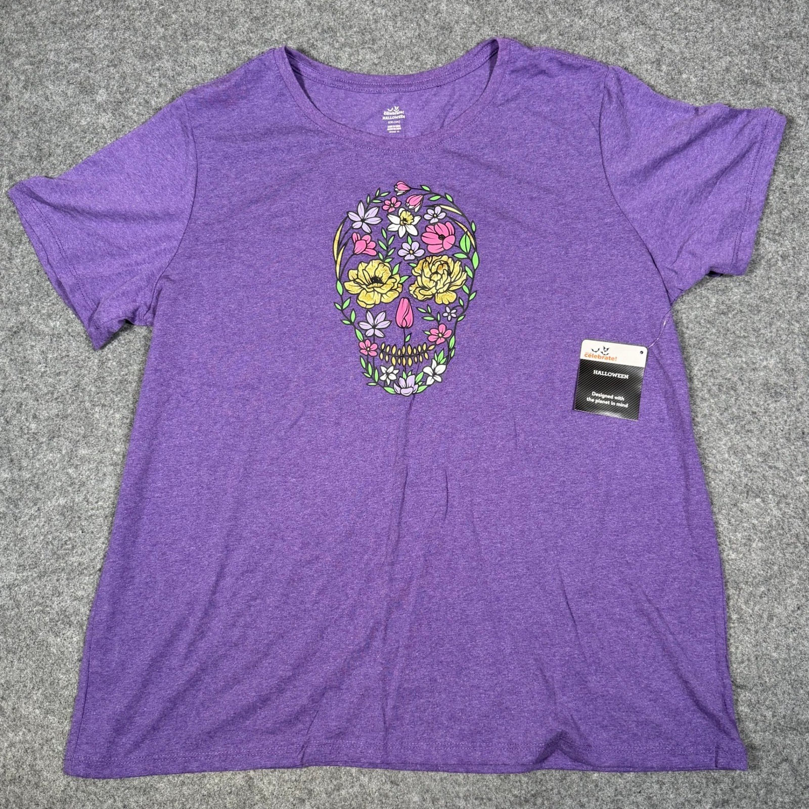 Way to Celebrate Halloween Purple Floral Sugar Skull Graphic Tee XXL 20 NWT