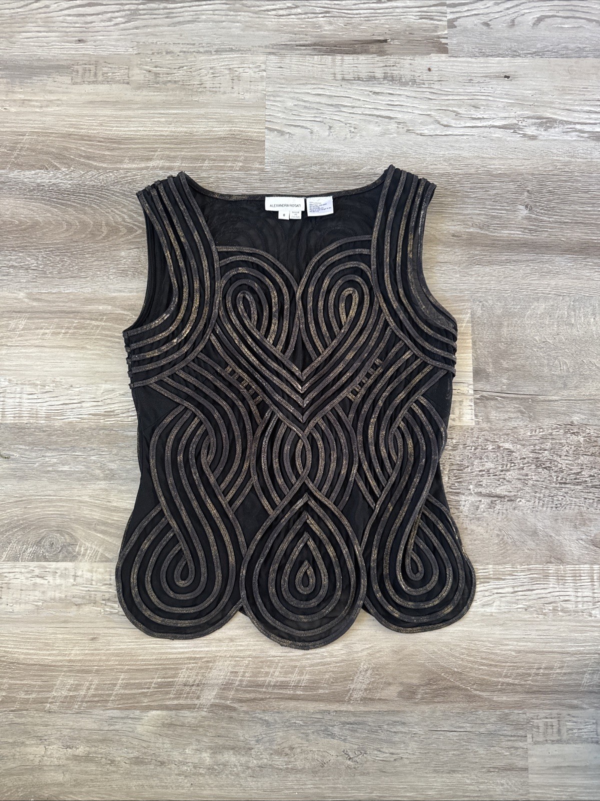 Alexandra Rosati Sleeveless Mesh Ribbon Top Size 6 Avant Garde Black Gold