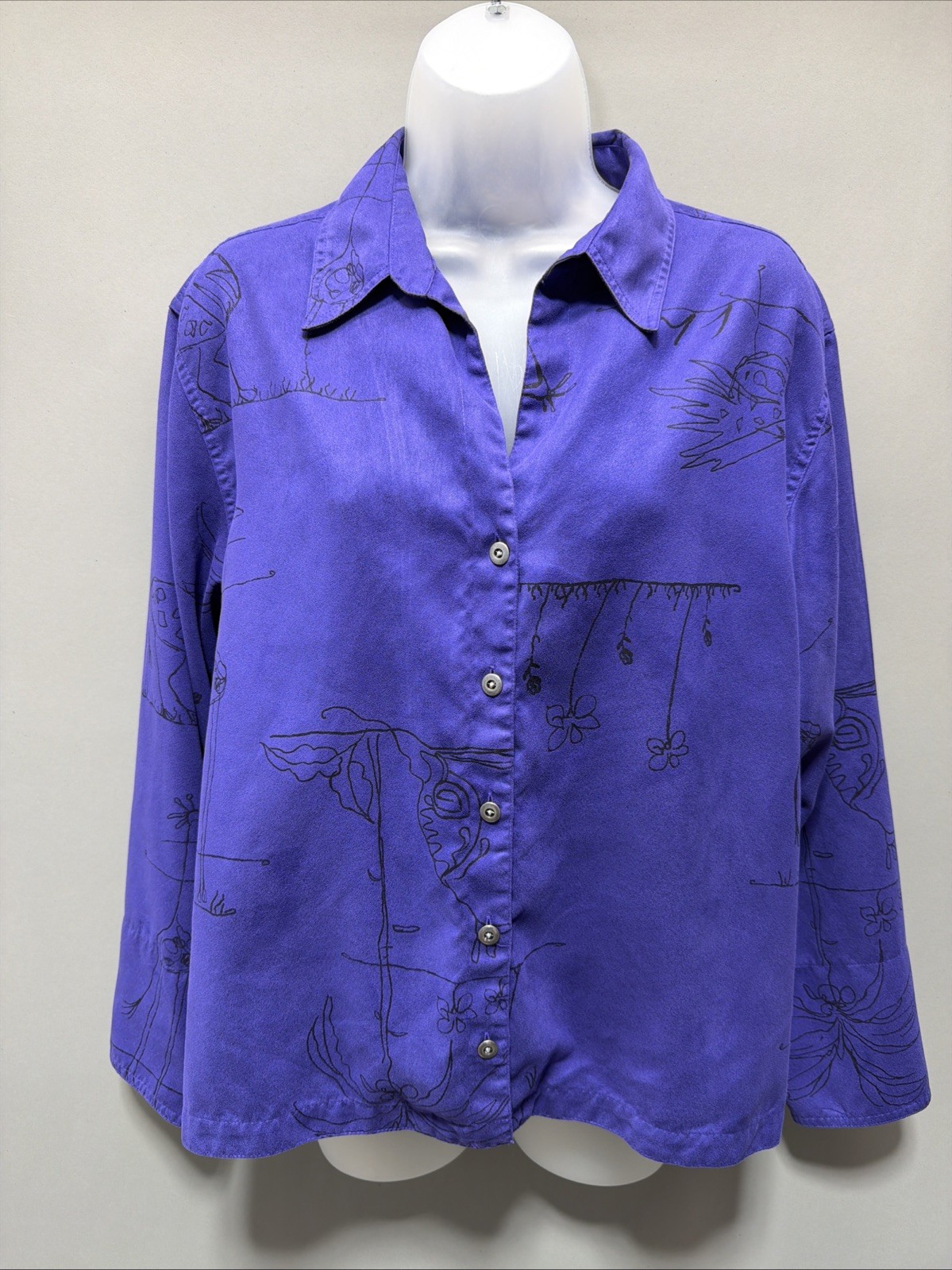 Chicos Safari Button Down Top L (2) Purple Microfiber Animal Print Blouse