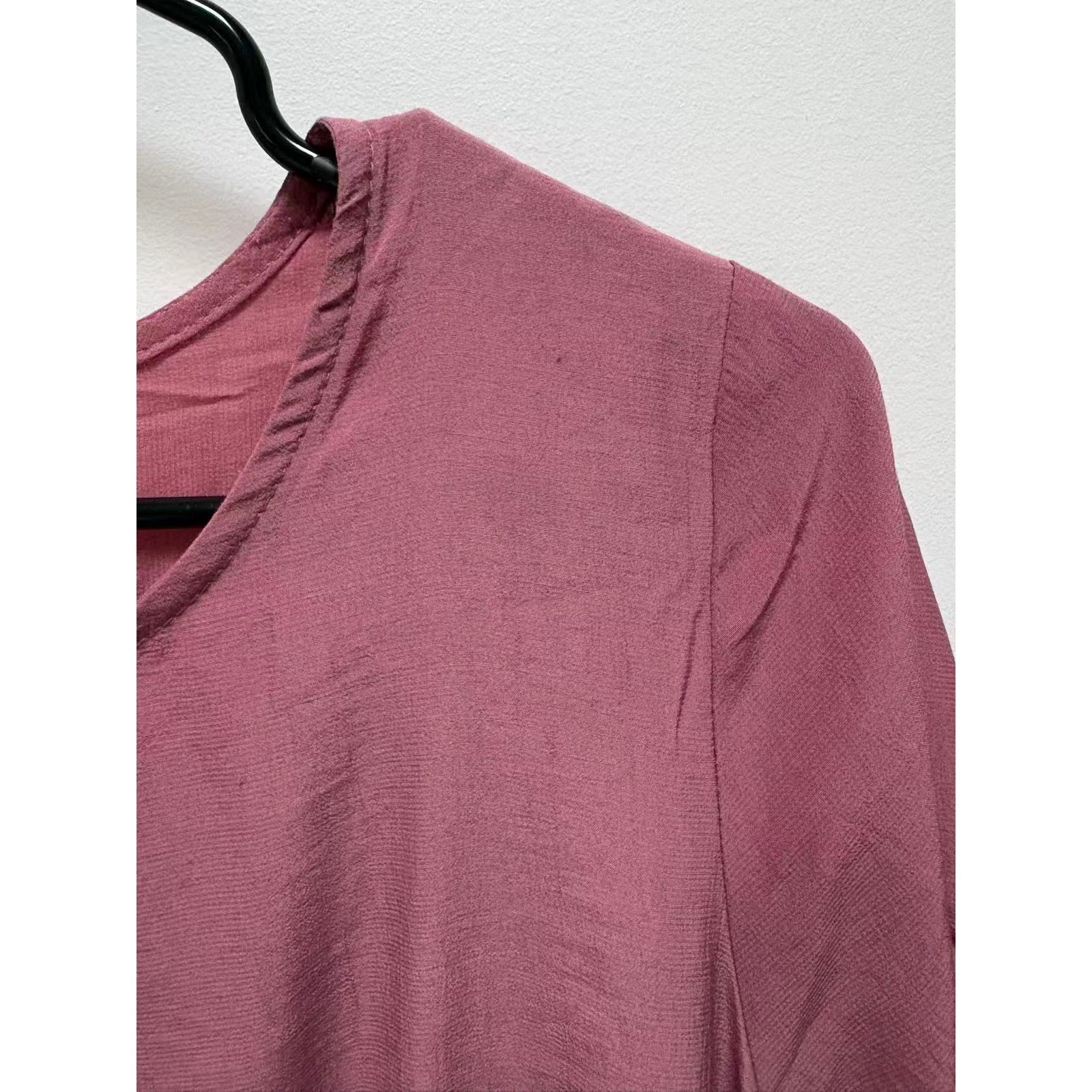 Dusty Pink Flowy Blouse Smocked Elastic High Low Hem Short Sleeve Top Mauve S