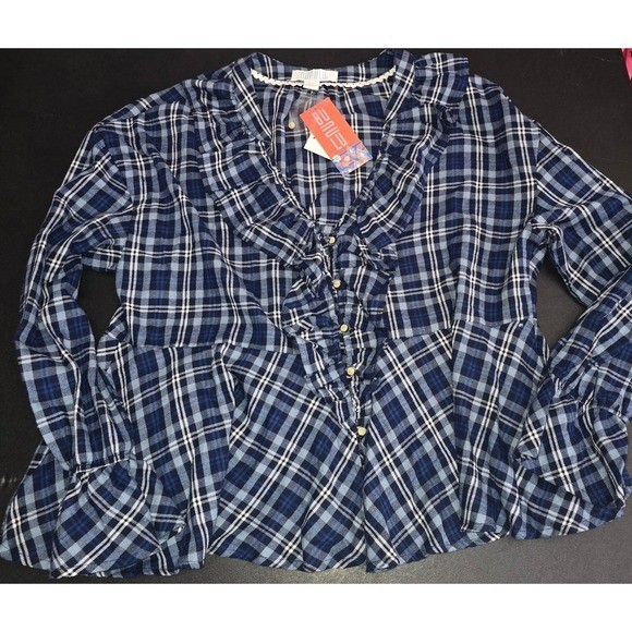 NWT Bunulu Blue Plaid Ruffle V-Neck Bell Sleeve Peplum Blouse (Size XL)