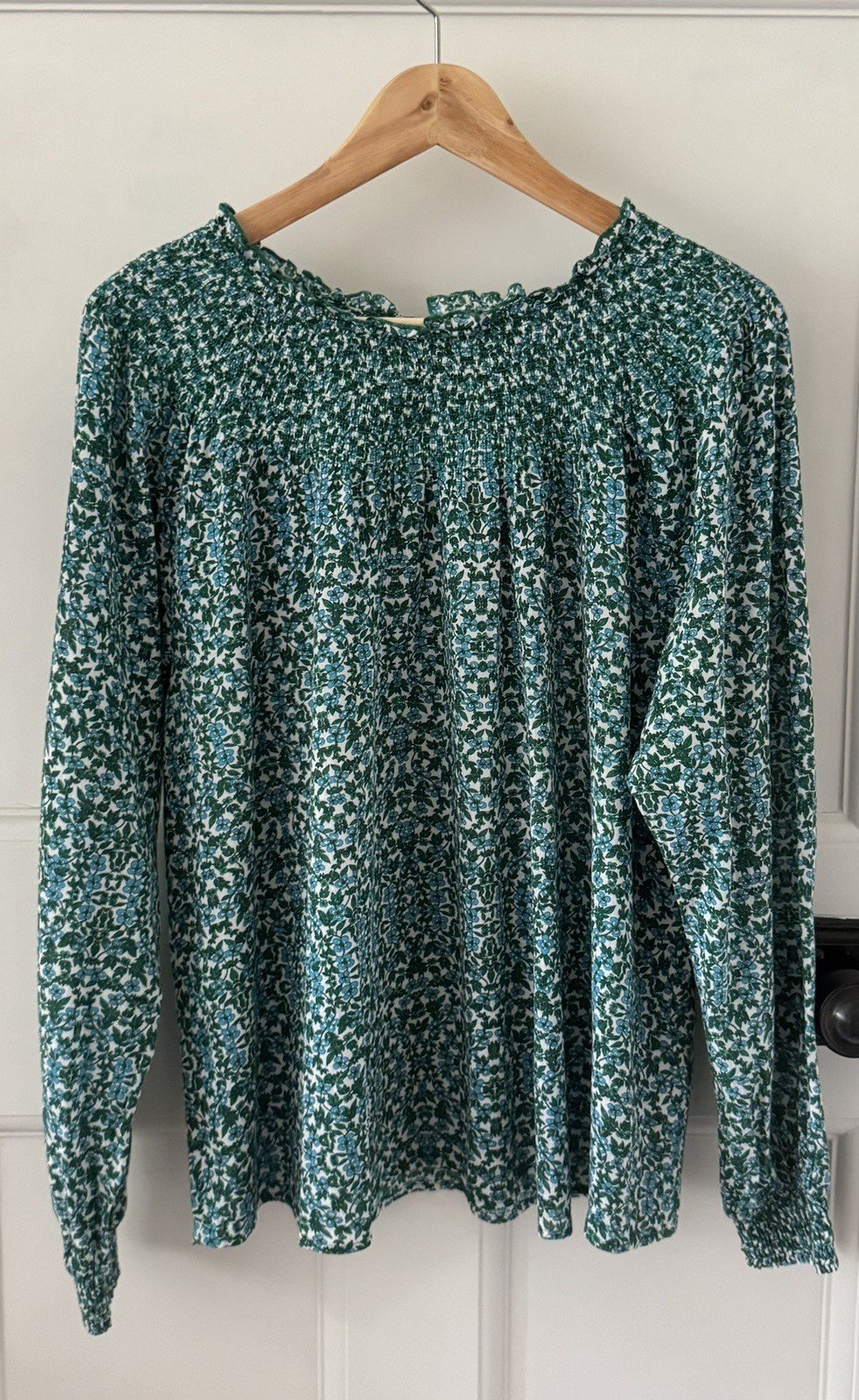 Hush Green Floral Smocked Blouse UK 16 100% Organic Cotton Boho Long Sleeve Top