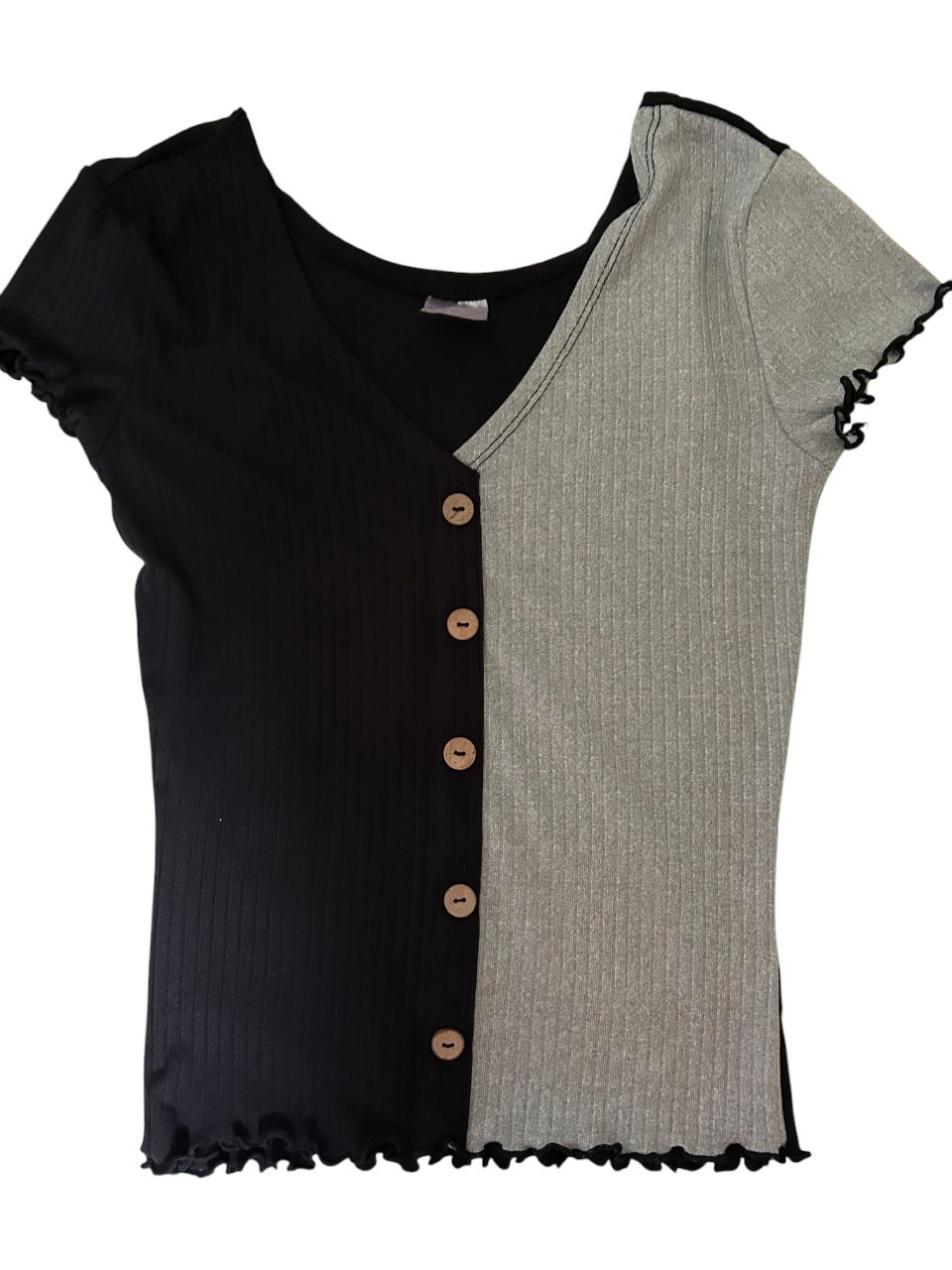 NO BOUNDARIES WOMEN’S JUNIORS GRAY BLACK TOP RUFFLE TRIM XS SZ 1 NWOT 🌸