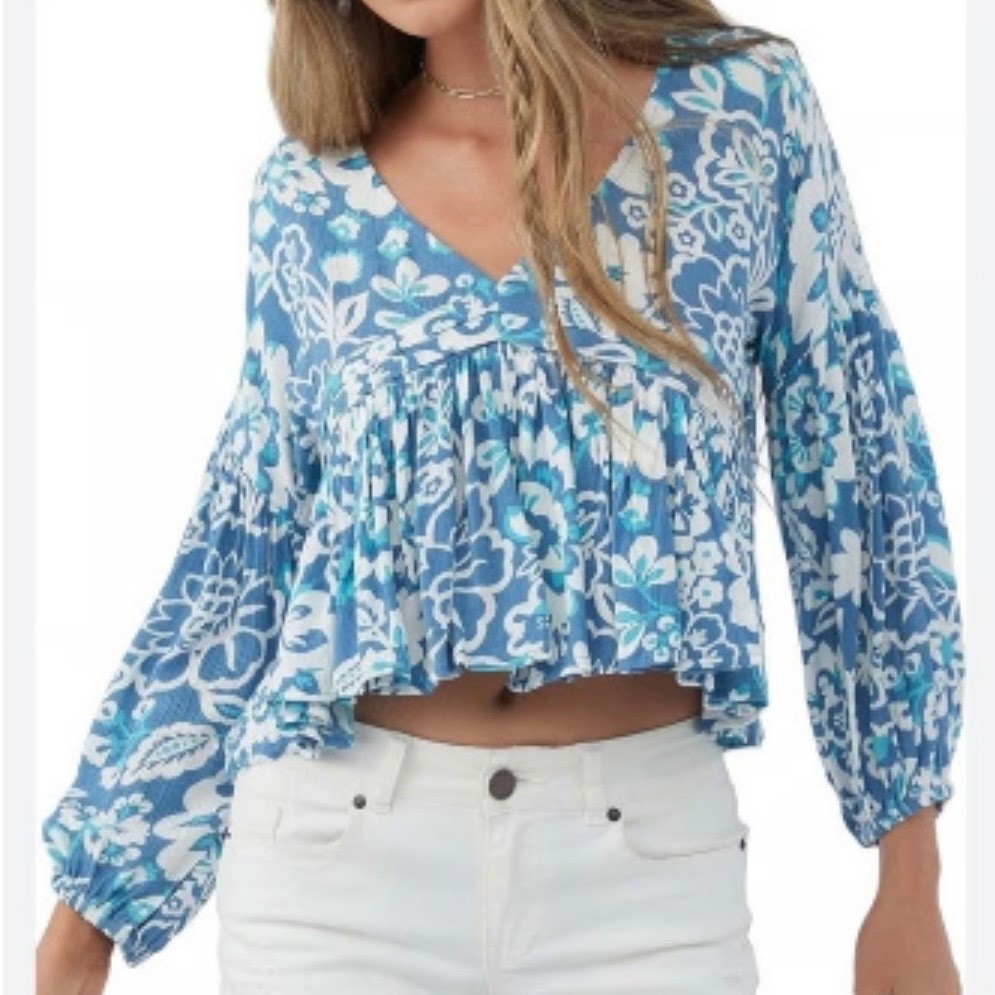 O’Neill Blue Floral V-Neck Babydoll Top Long Sleeve Boho Peplum Blouse Small