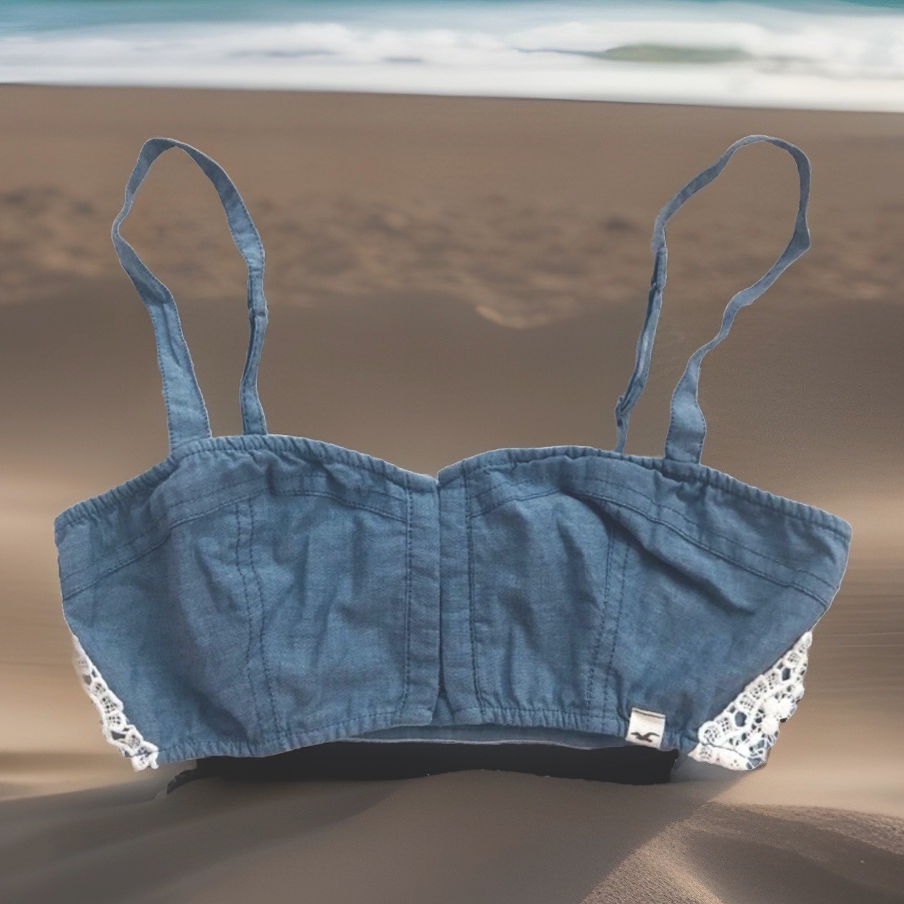 Hollister Vintage Bustier Denim Bralette Camisole w/ Lace Trim Embellished Sz M
