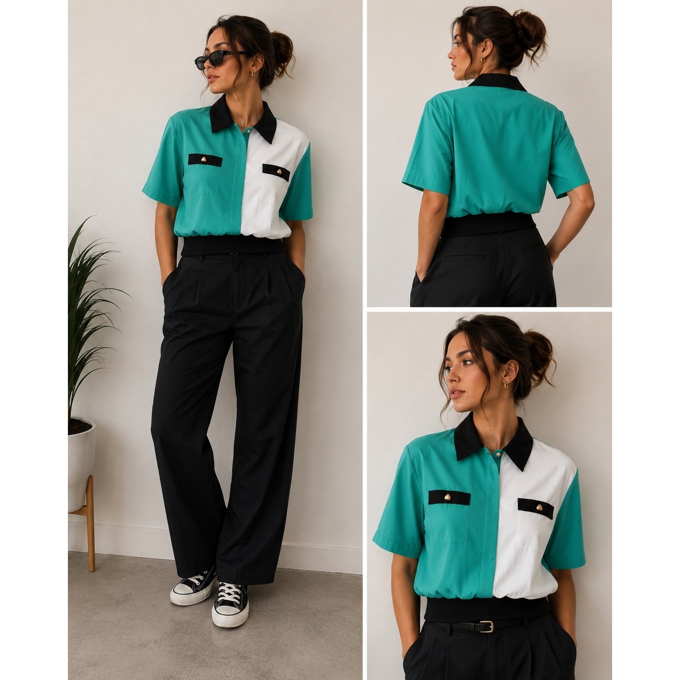Andrea Gayle Vintage Colorblock Blouse Green White Black Gold Button 16 Womens
