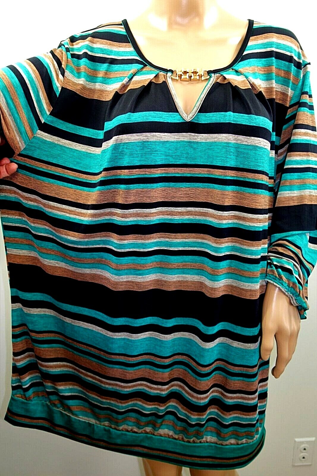 Lapis Women Plus Size 3x Green Black Striped Melange Tunic Top Blouse Shirt