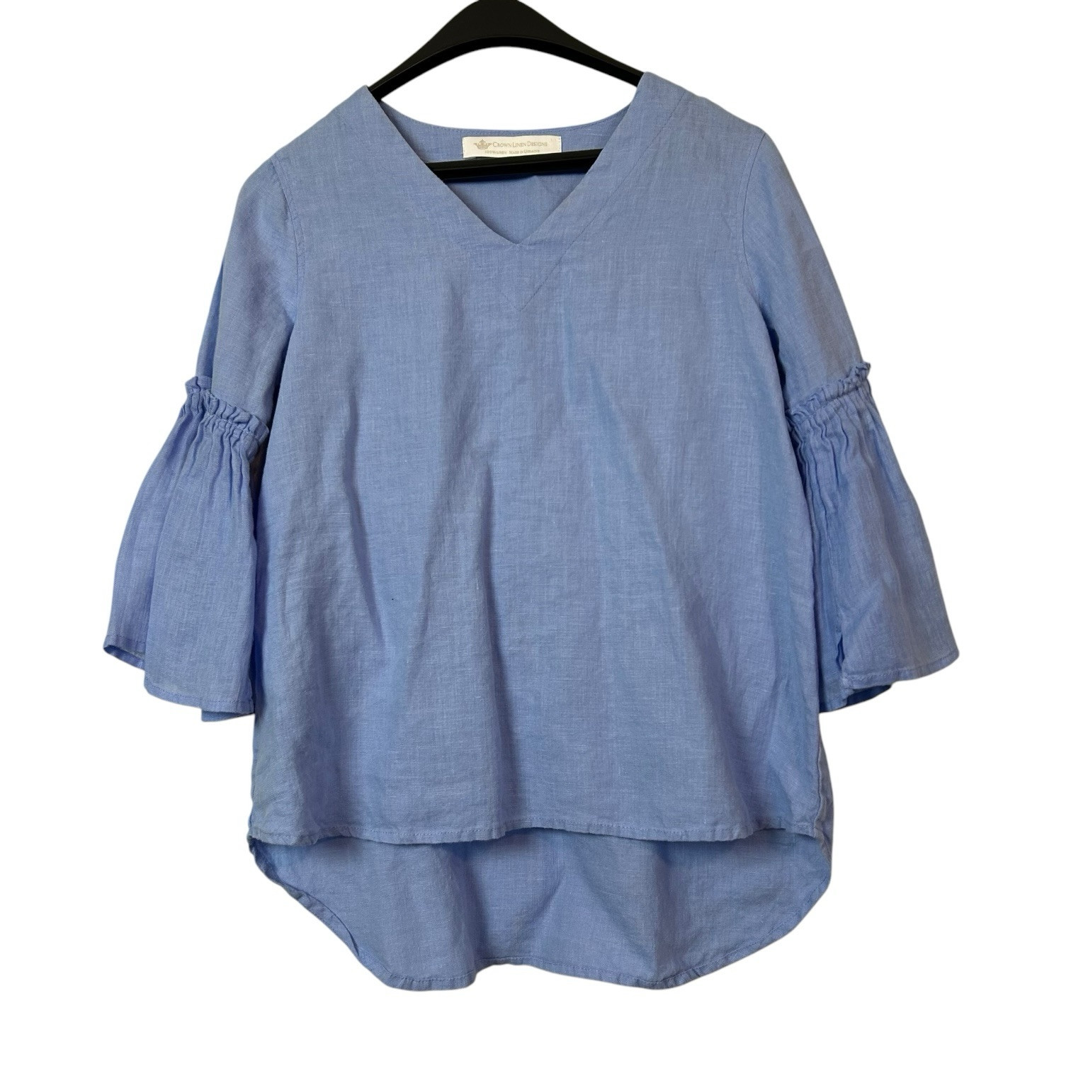 Crown Linen Designs 100% Linen tunic Top V neck Ruffled 3/4 Sleeve High low Sz S