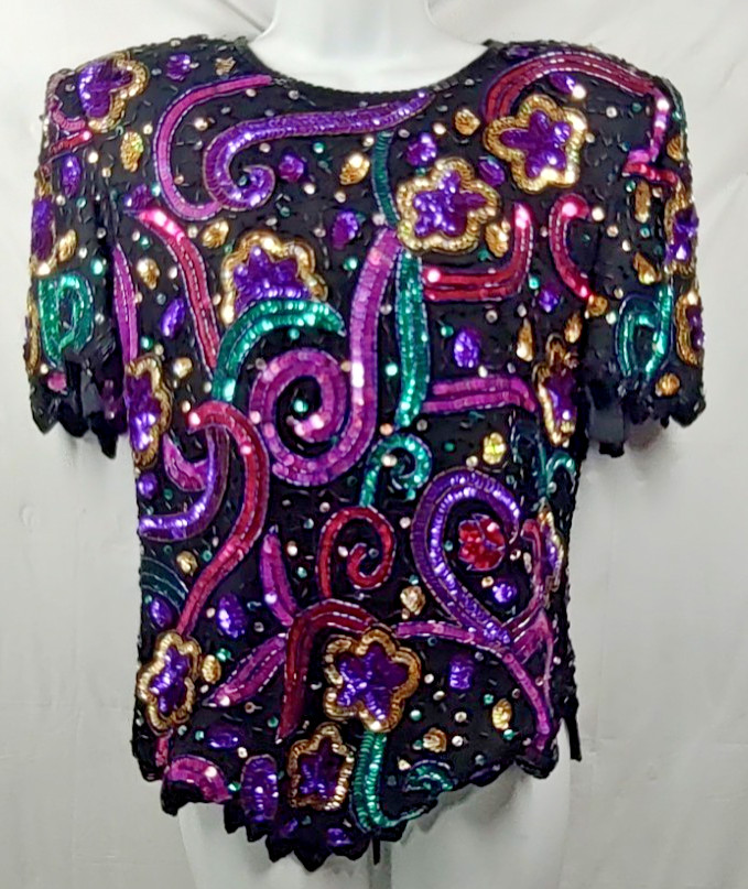 Vintage Laurence Kazar Silk Sequin Shirt XL Black Purple Beaded Evening 1980’s
