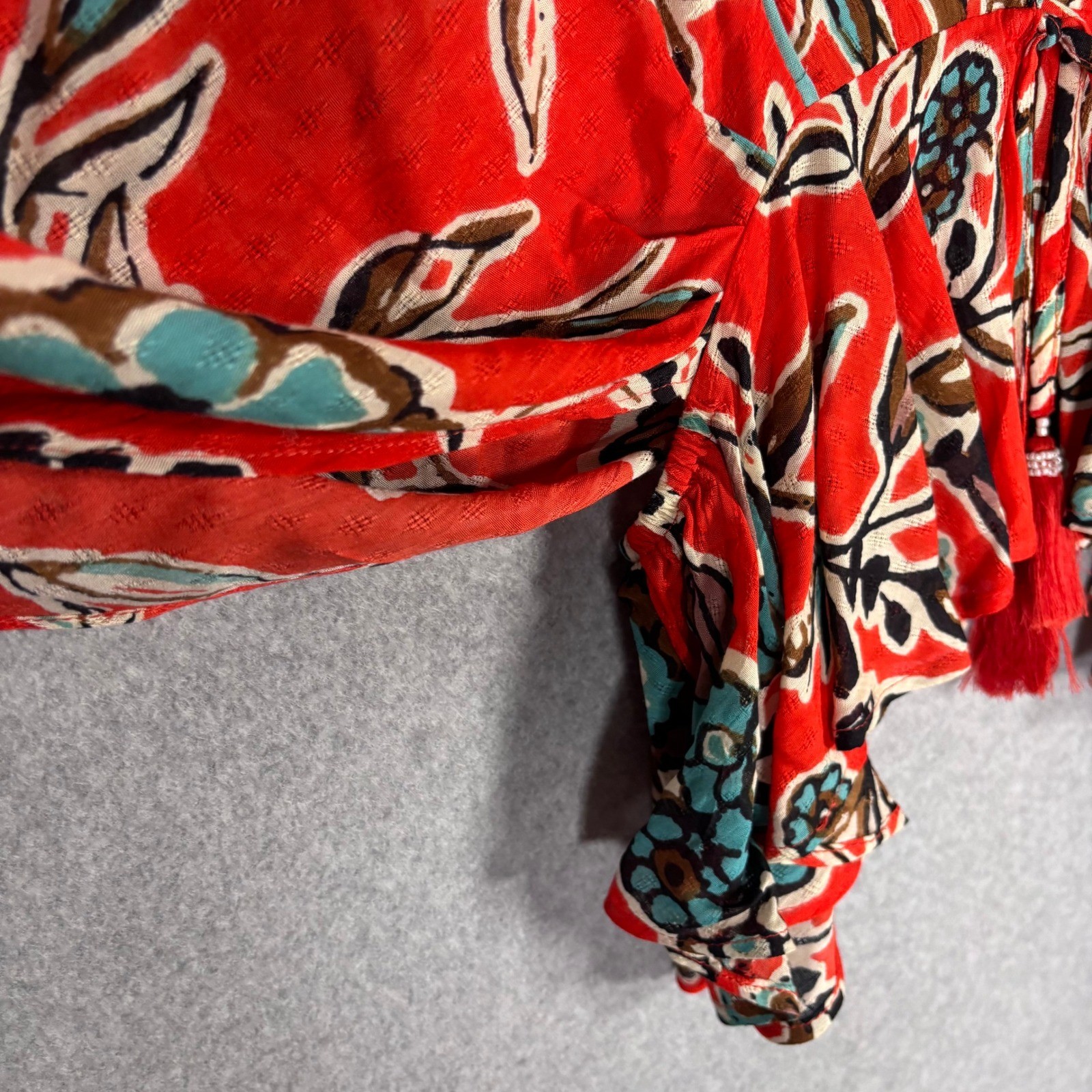 Band of the Free Kimono Top Small Red Floral Boho Bell Sleeve Tassel Tie Front
