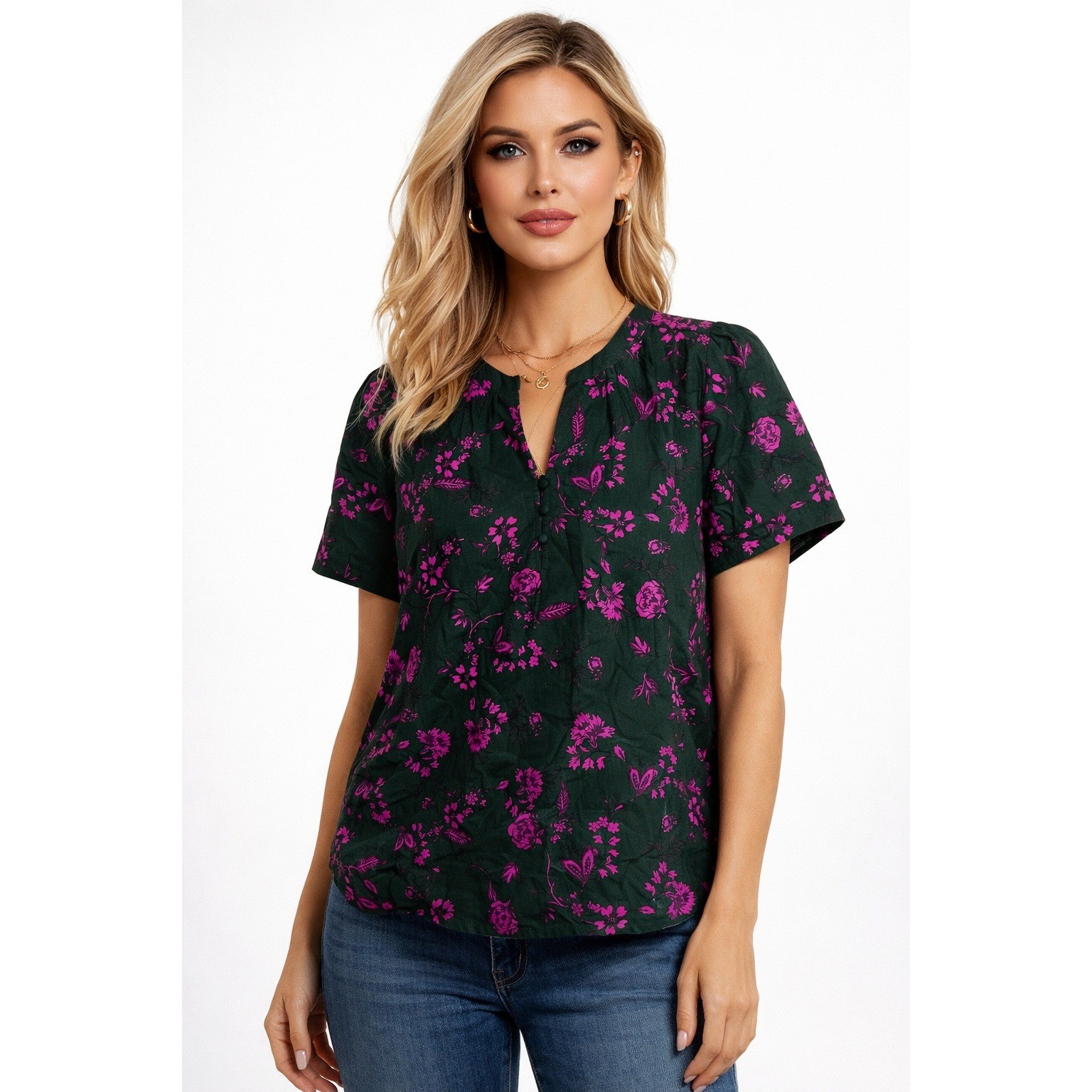 Sugarlips Ryker Blouse Women Small Dark Green Pink Floral NWT