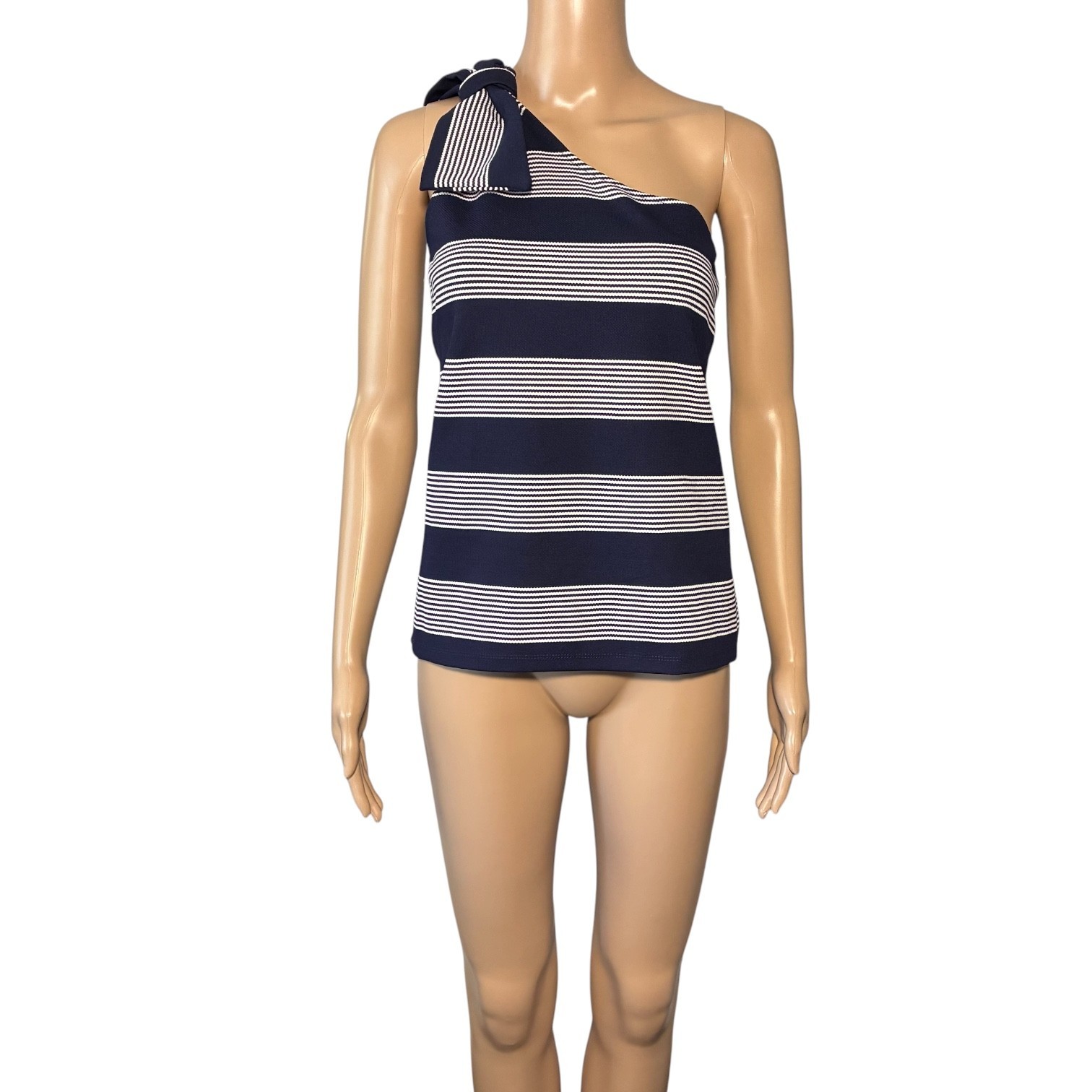 Bishop + Young Women’s Blouse Size M Blue White One Shoulder Striped Rayon Blend