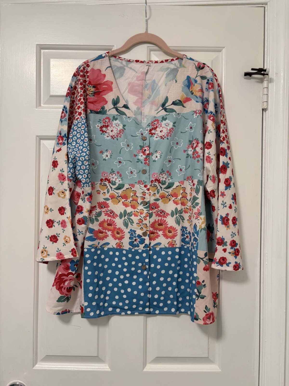 Womens 3XL Patchwork Button Up Boho Floral Blouse Top Poly Spandex V Neck