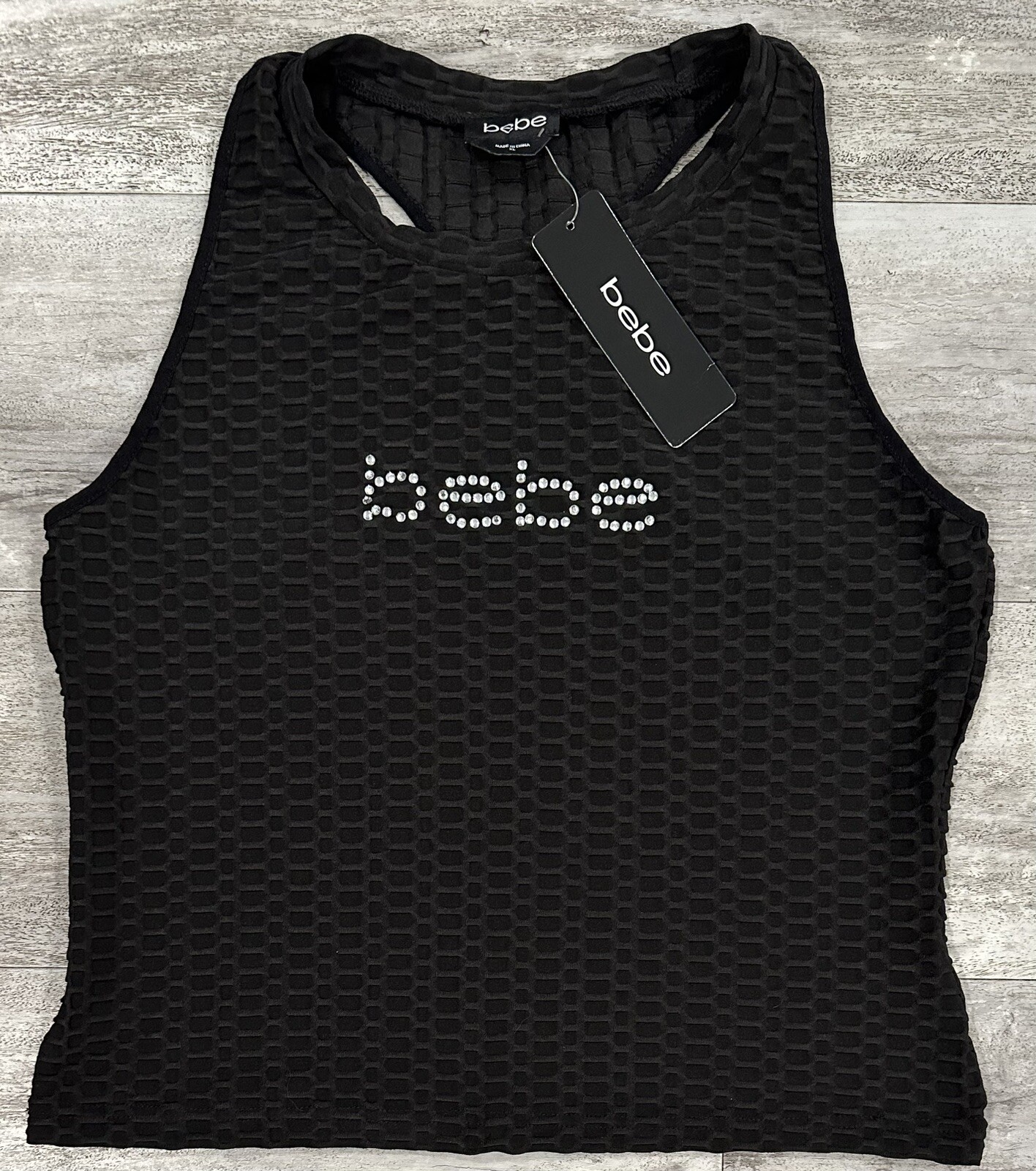 Bebe Ribbed Rhinestone Bling Logo Tank Top Stretchy Jet Black Size XL NEW