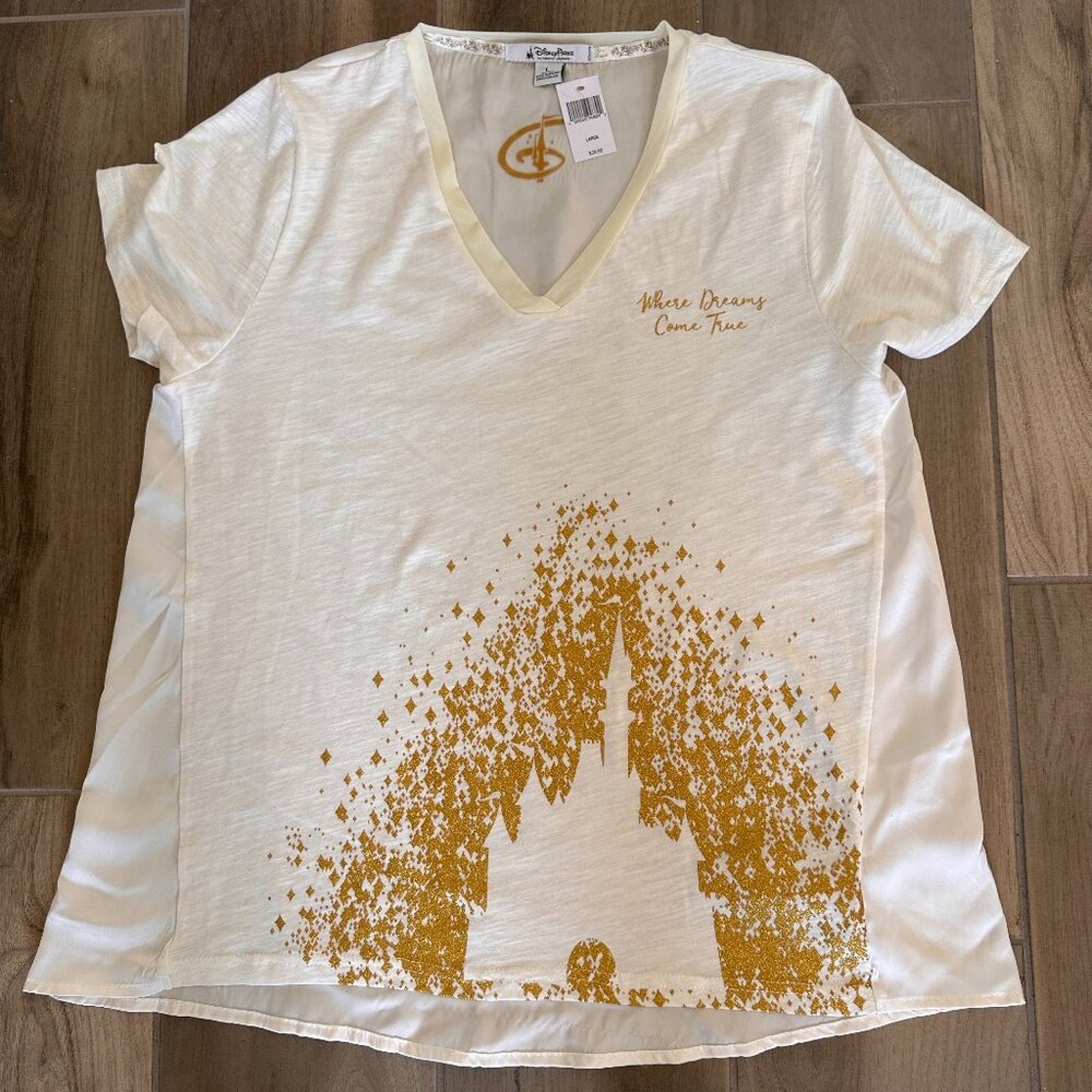 Disney Parks Authentic Gold Castle Shirt Large NWT Walt Disney World (with flaw)
