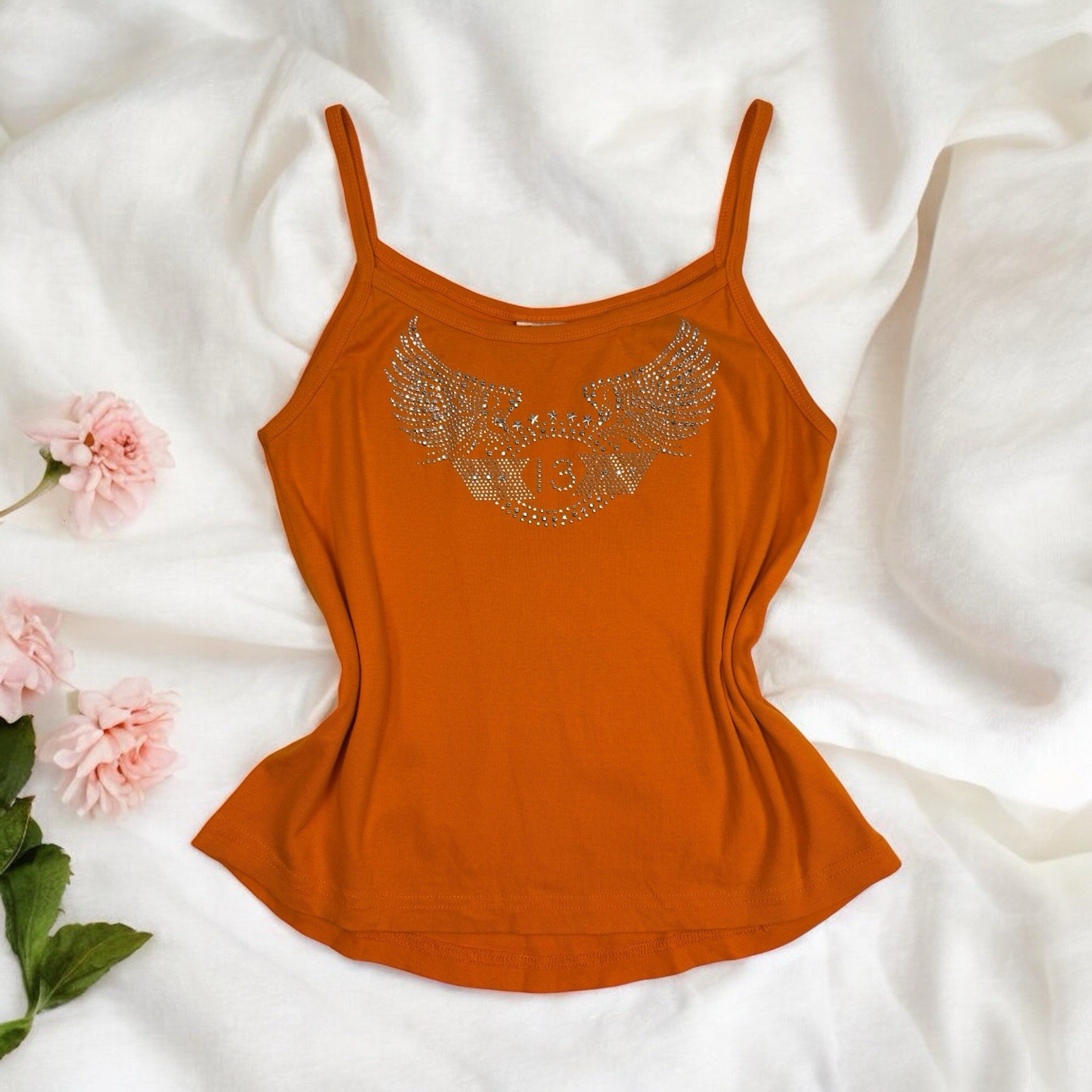 Orange Studded Biker Tank Top Moto Grunge Y2K Motorcycle Eagle 90s Size XL Shirt