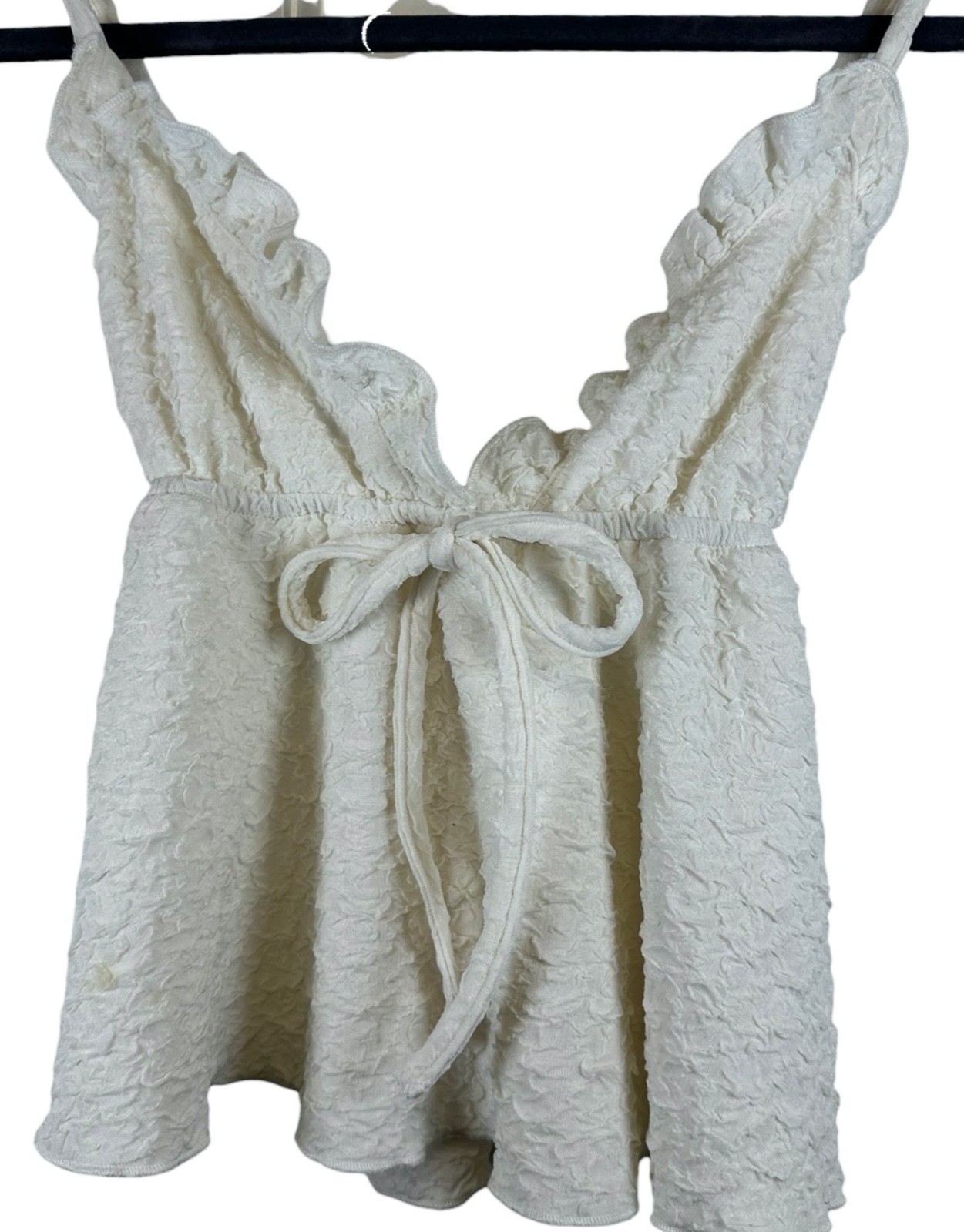 Ivory Textured Babydoll Crop Top Ruffle Bow Cross Strap Creamy Small Cami