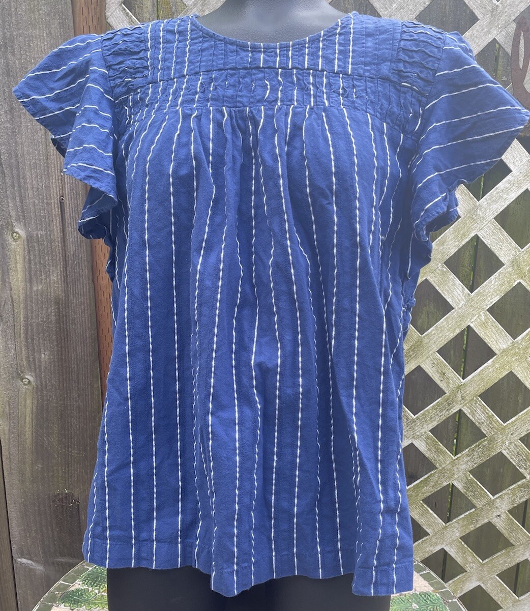 Women’s STYLE & Co Blue Stripe Flutter Sleeve Cotton Blouse, Size Large