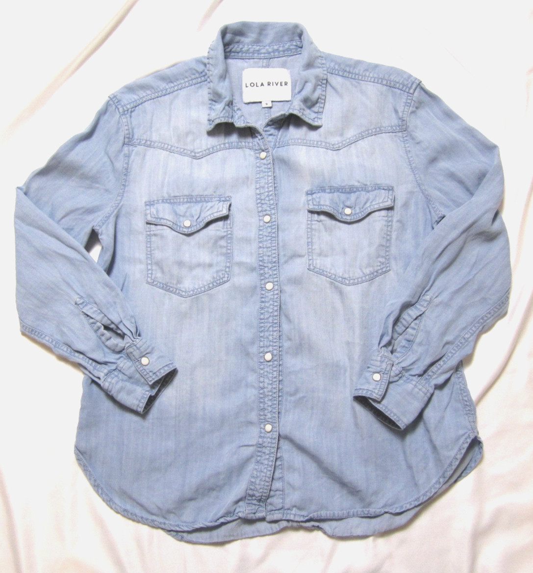 Lola River Women Sz S Chambray Pearl Snap Shirt Tencel Preppy Western (WB594)