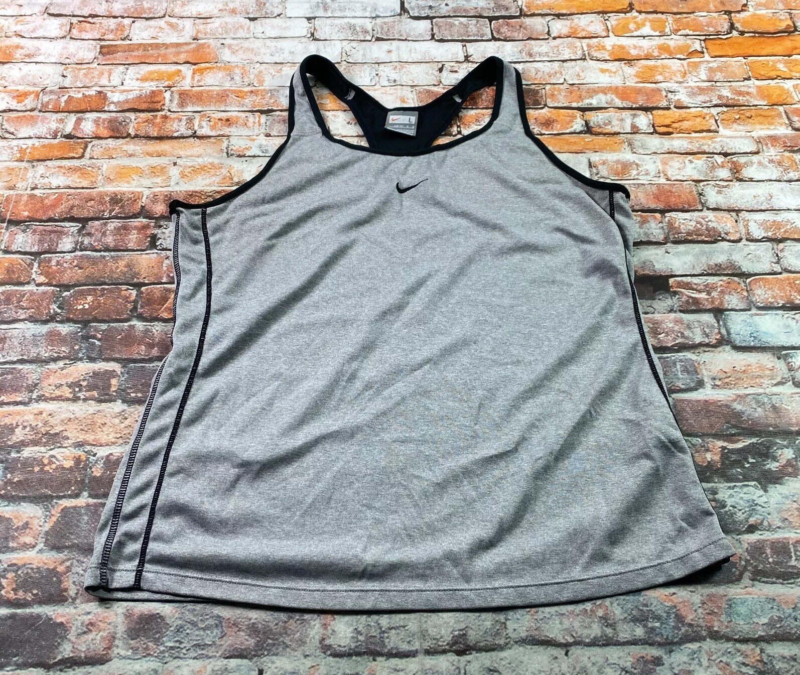 Nike Tank Top Ladies Gray Large 12-14 Swoosh Logo Racerback Athletic Gym Womens