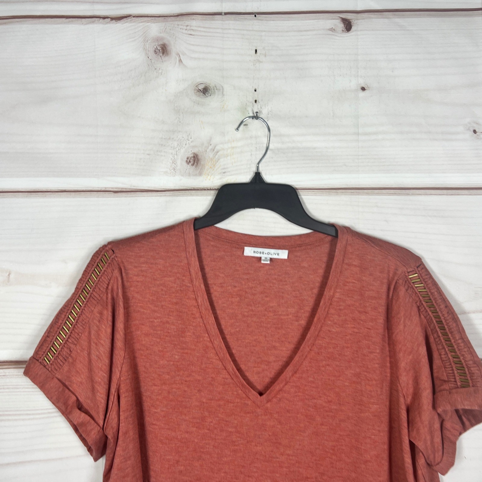 Rose + Olive V-Neck Top Women 2X Orange Heathered Beaded Shoulder Detail T-Shirt