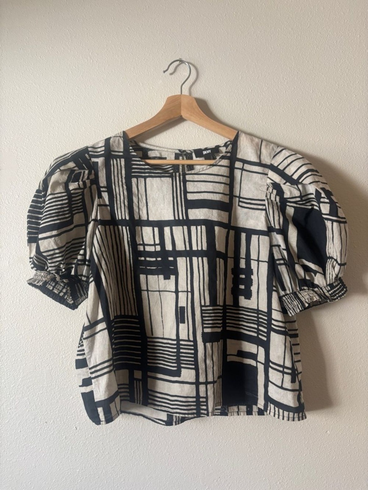 DKNY Taupe Black Abstract Print Puff Sleeve Cotton Blouse Size Large
