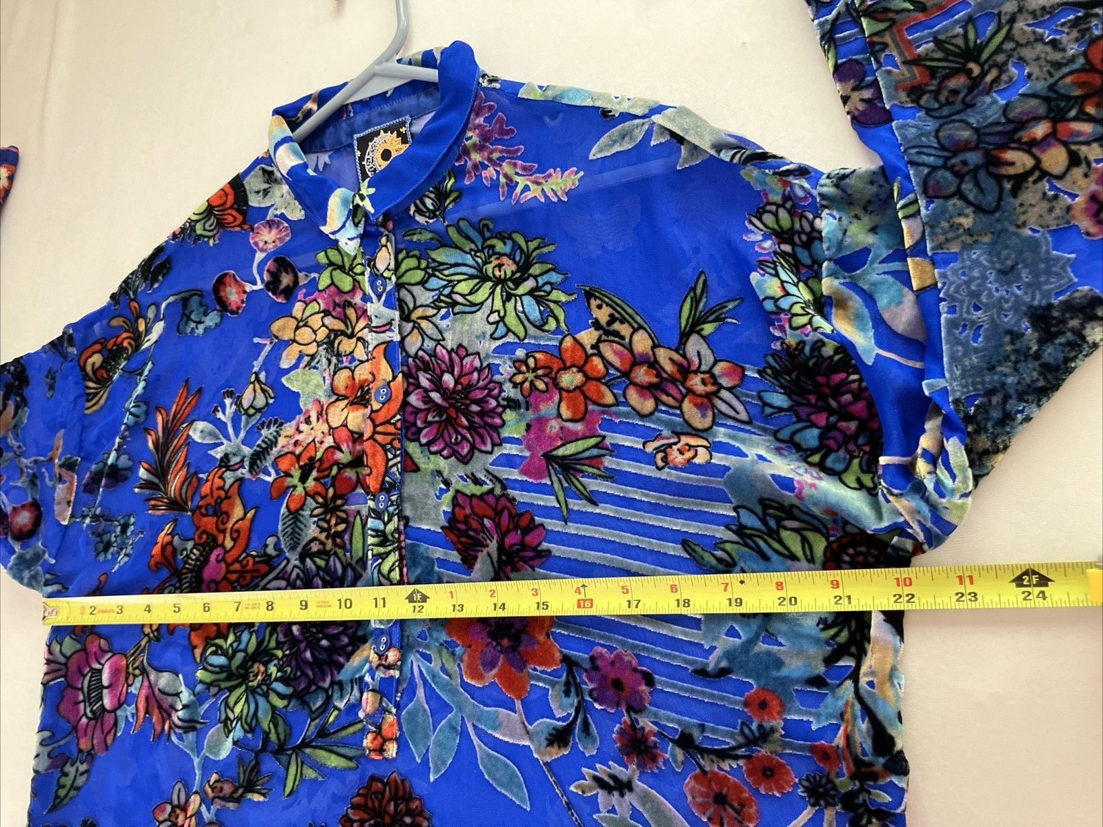 Johnny Was Seline Burnout Velvet Blouse Blue Floral Silk Blend Womens XS NWT